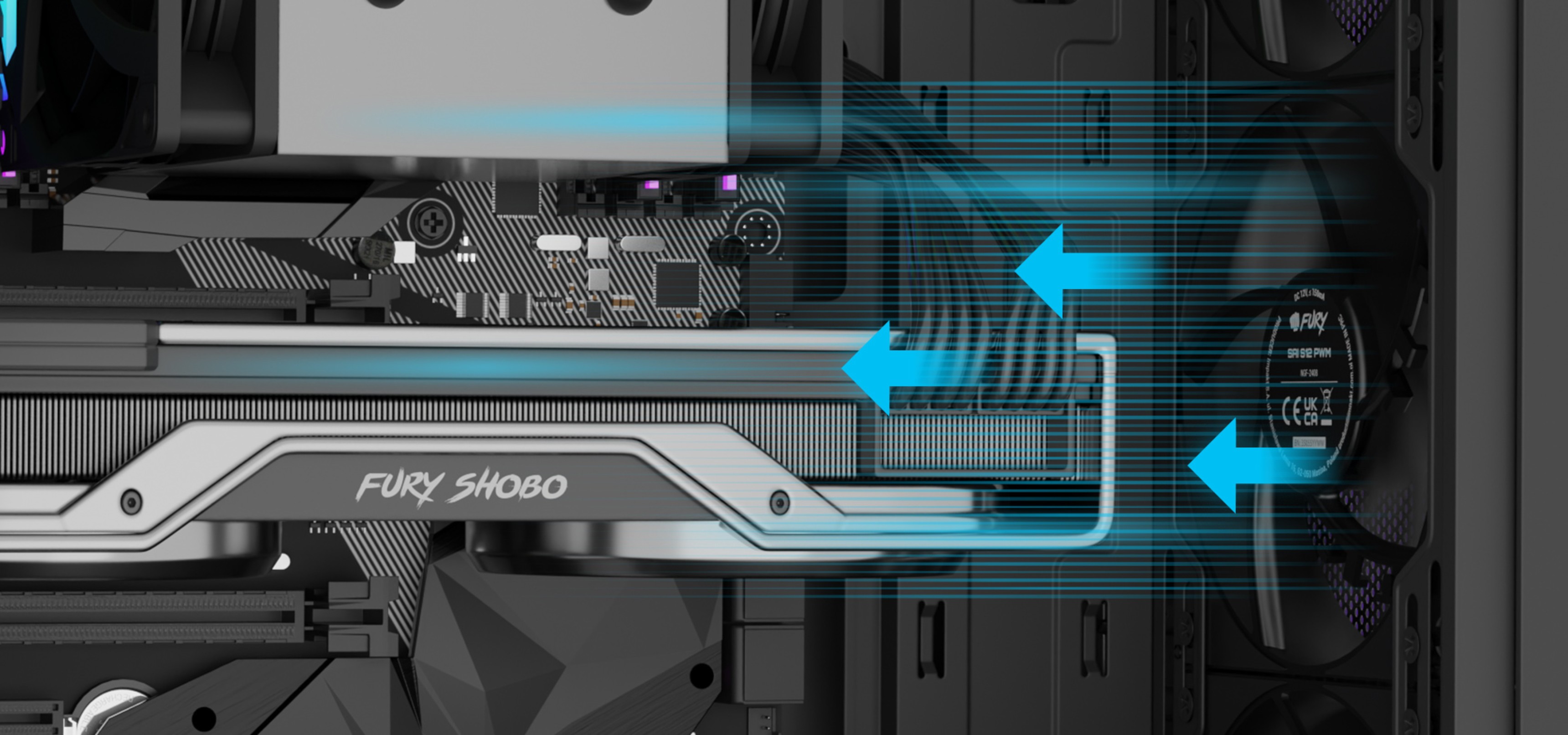 Computer graphics card with airflow indicators and cooling components in the case.