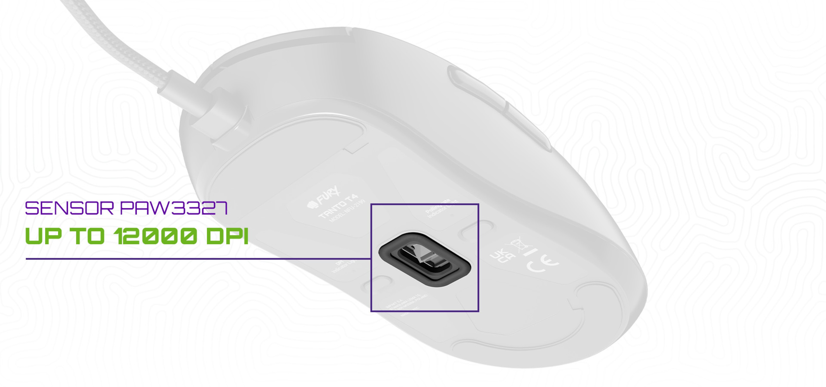 Black gaming mouse with programmable features, featuring a PAW3327 sensor and DPI setting of up to 12000