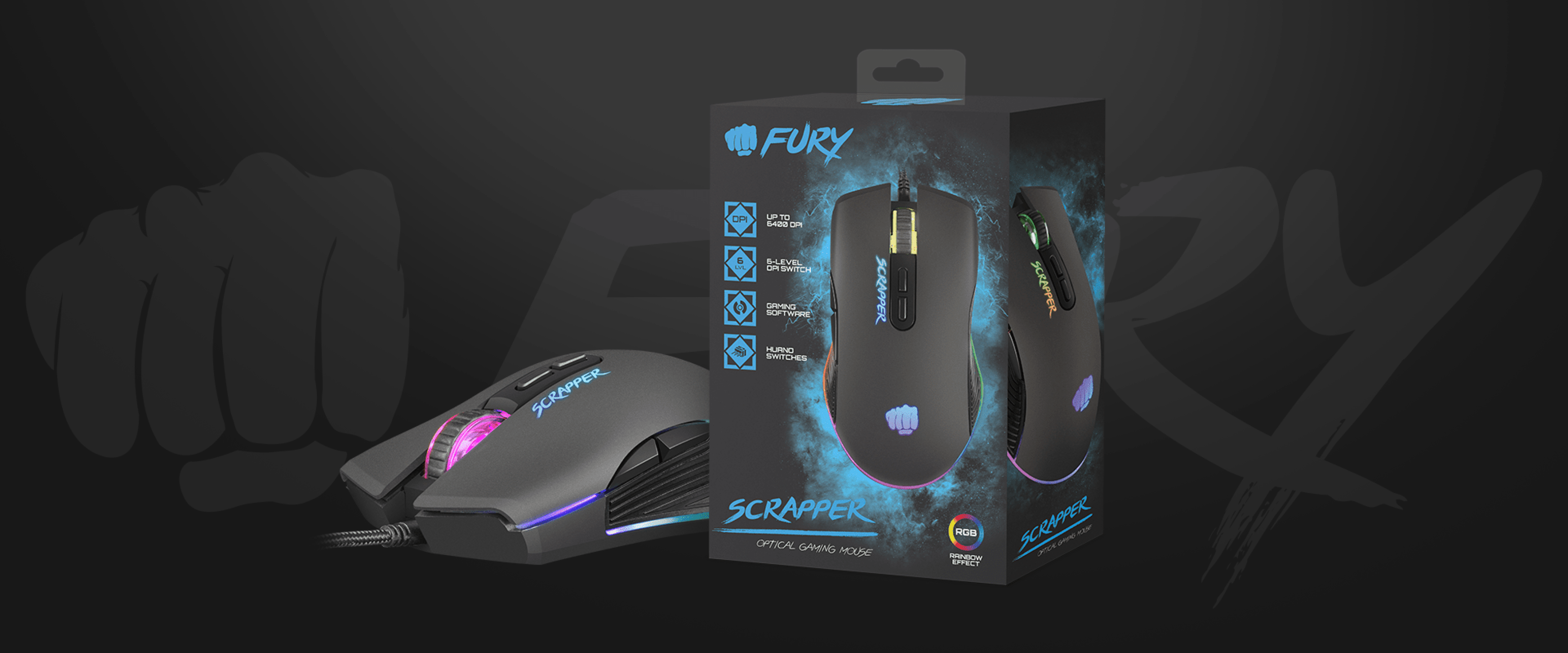 Gaming mouse Fury Scrapper with 6400 DPI, RGB lighting, and software packaging displayed against a dark background