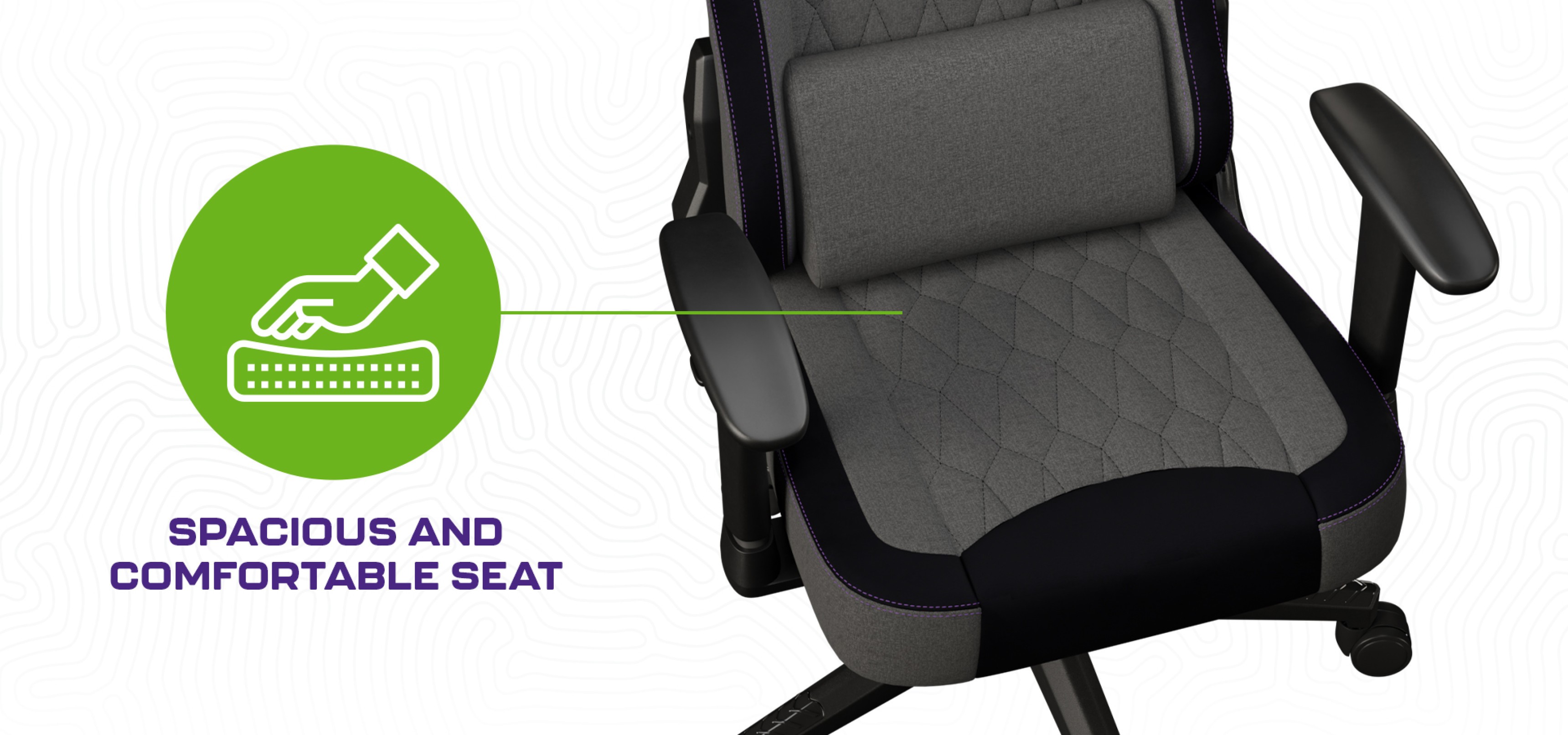 Gaming chair with a spacious and comfortable seat, featuring supportive armrests and cushioned back