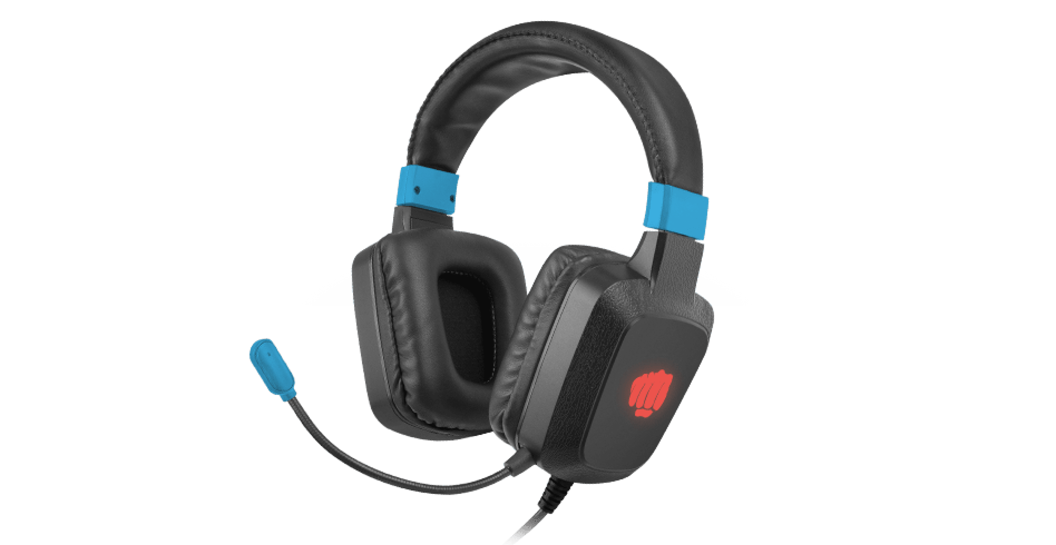 Black and blue over-ear headphones featuring RGB lighting and a microphone. Ideal for gaming and immersive audio experiences