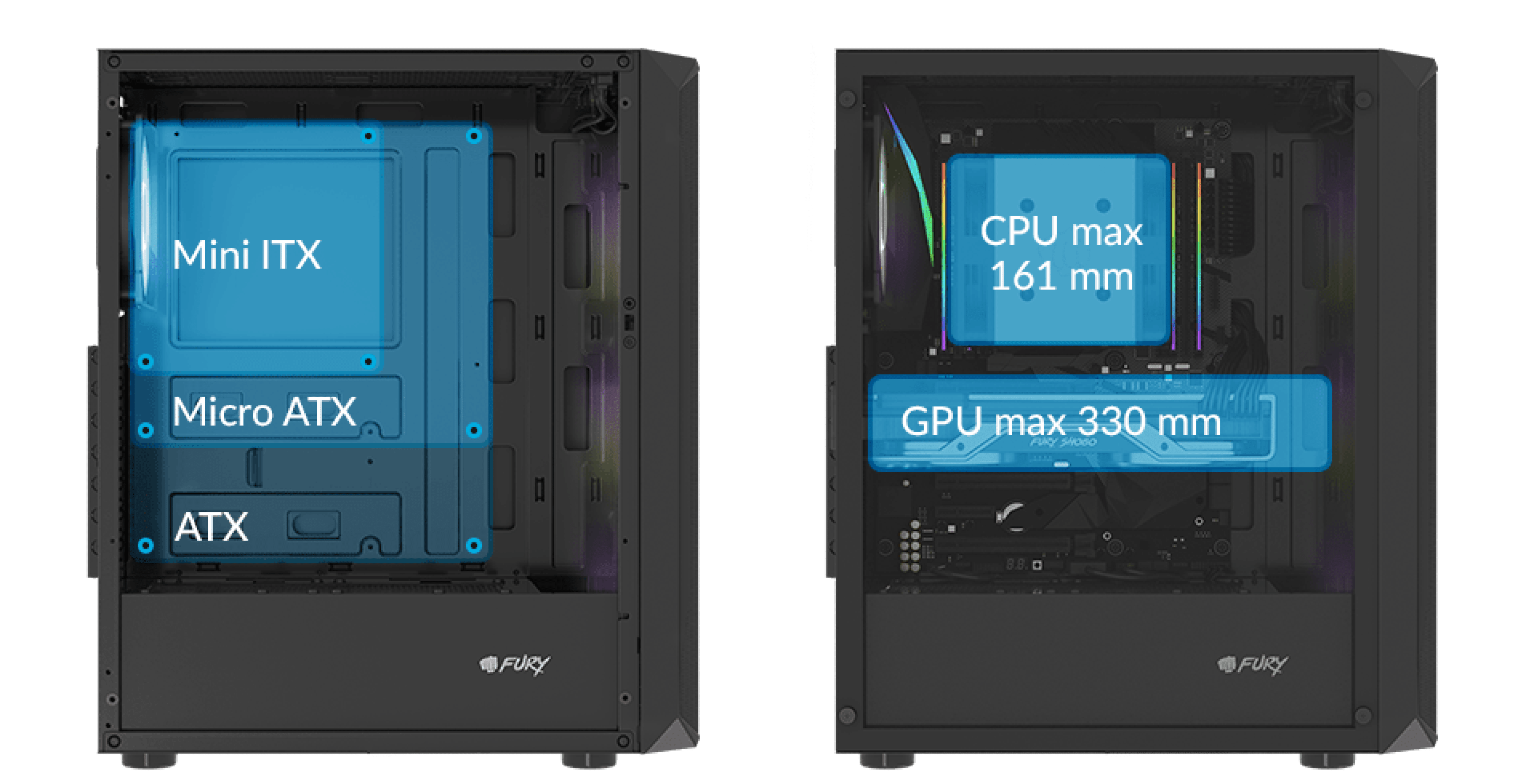 Black RGB MIDI tower case with a transparent side panel, showing compatibility for Mini ITX, Micro ATX, and ATX motherboards