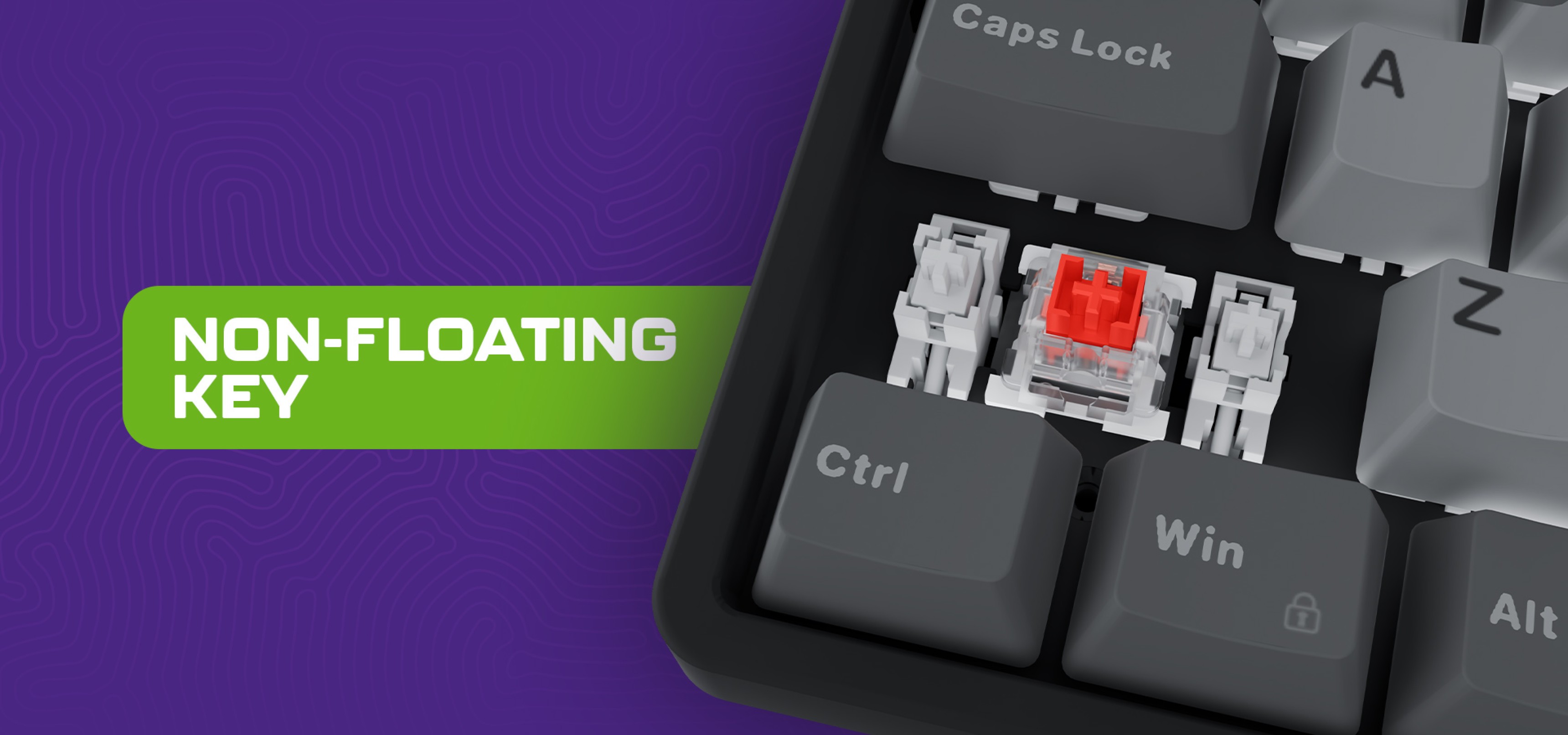 Close-up of a keyboard showing a non-floating key with a red switch and gray keys surrounding it.