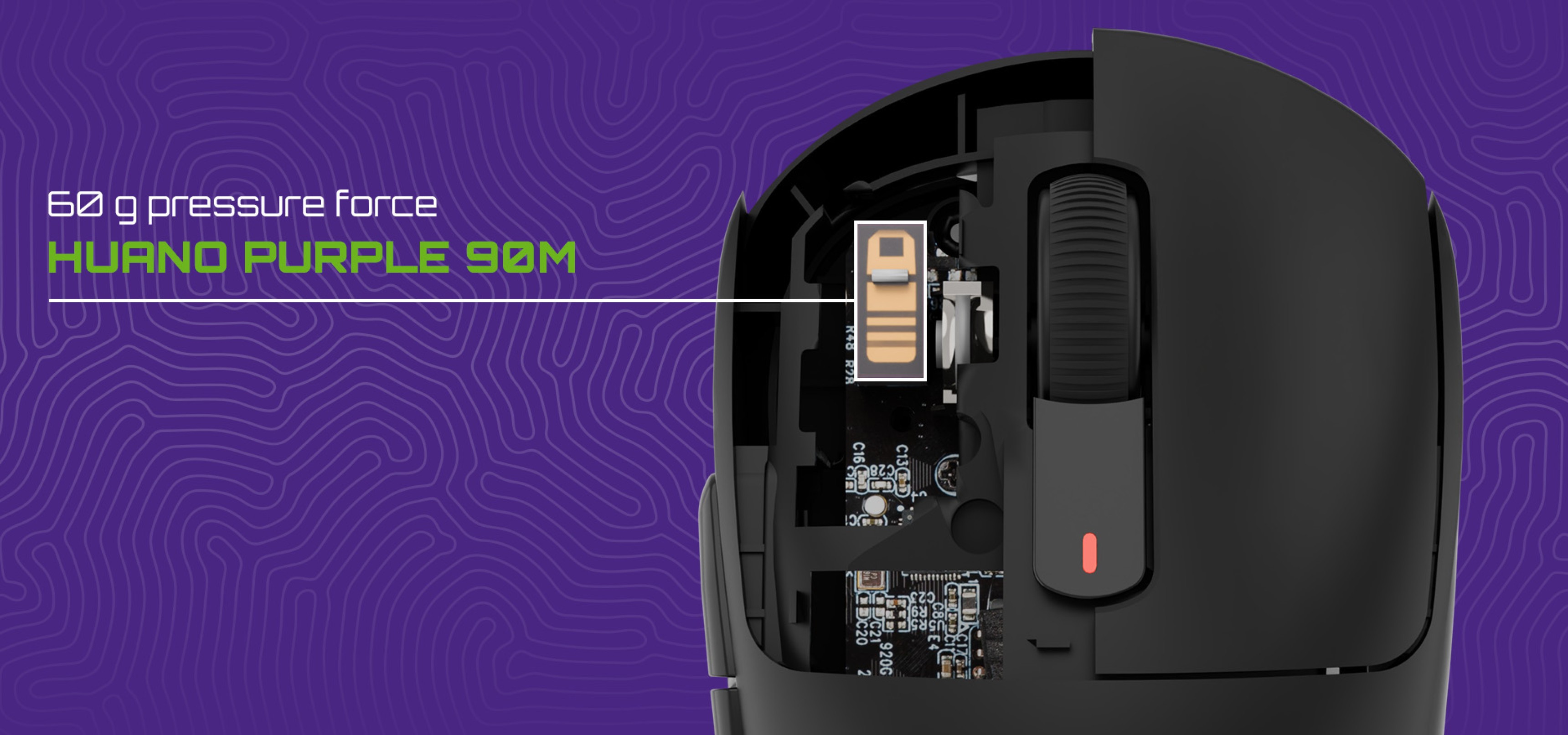 Close-up view of the Fury Tanto T4 wireless gaming mouse, highlighting the internal components including Huano Purple switch