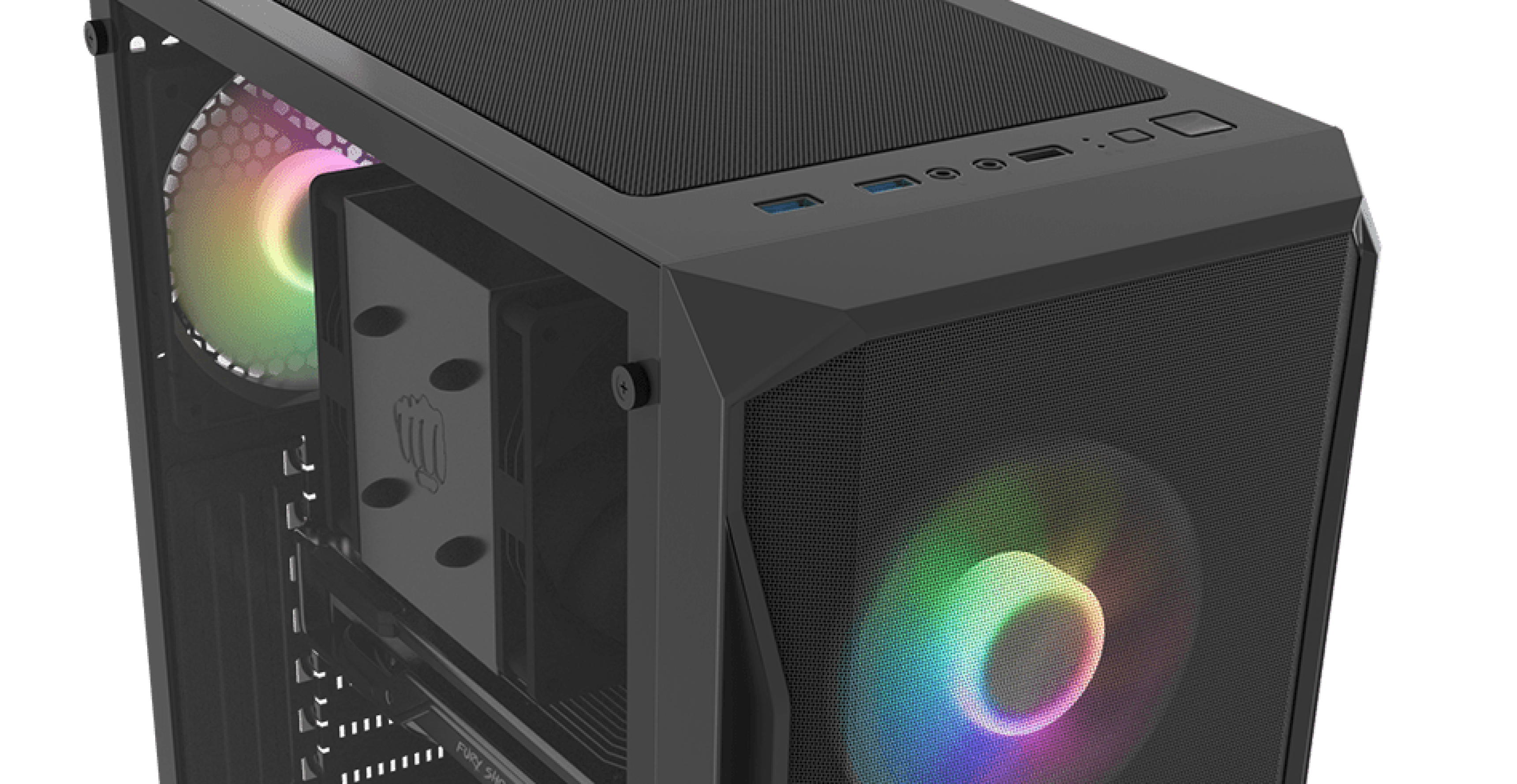 Black RGB midi tower PC case with transparent side panel and colorful cooling fans. Features top ventilation and front ports