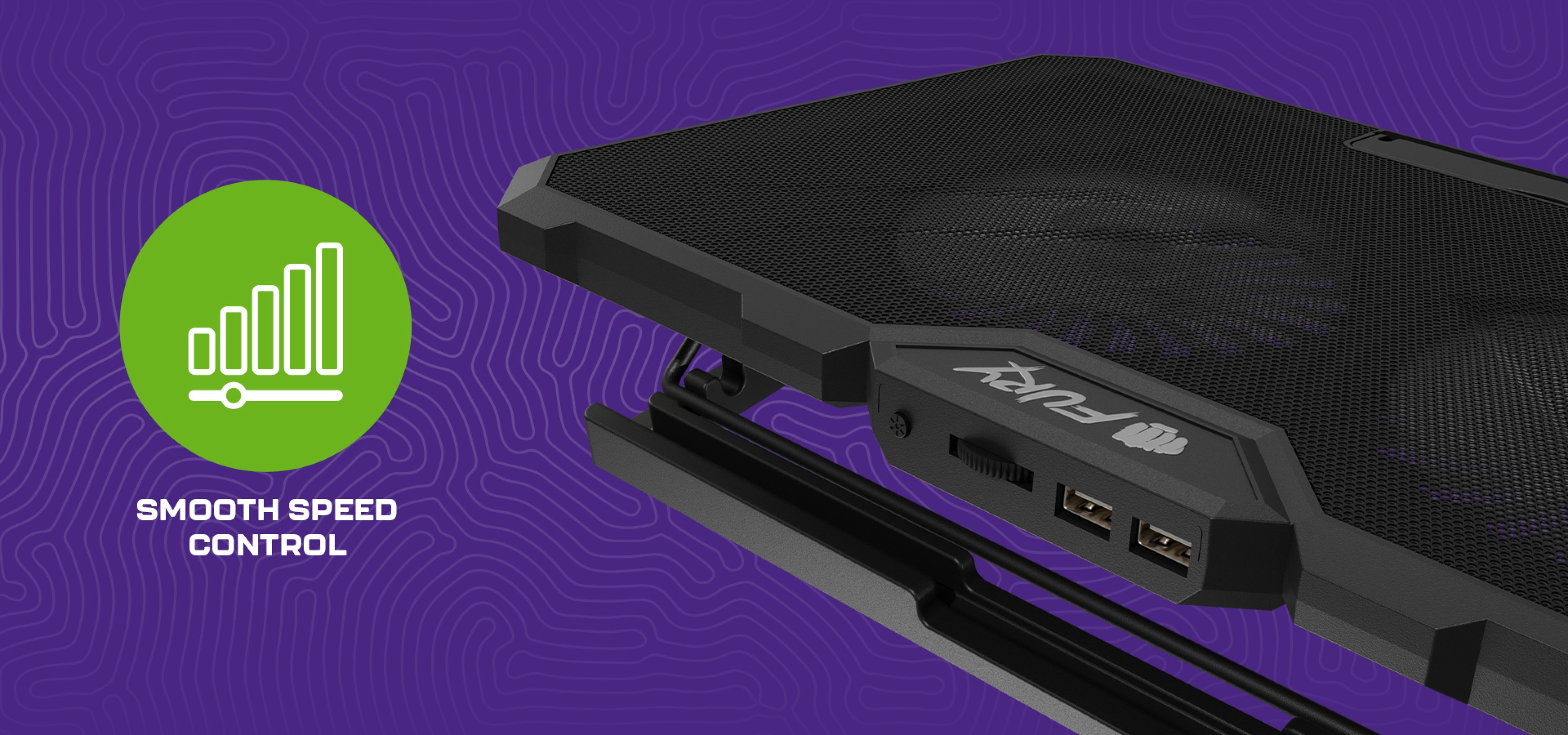Cooling pad with two fans and various ports for connectivity on a textured surface.