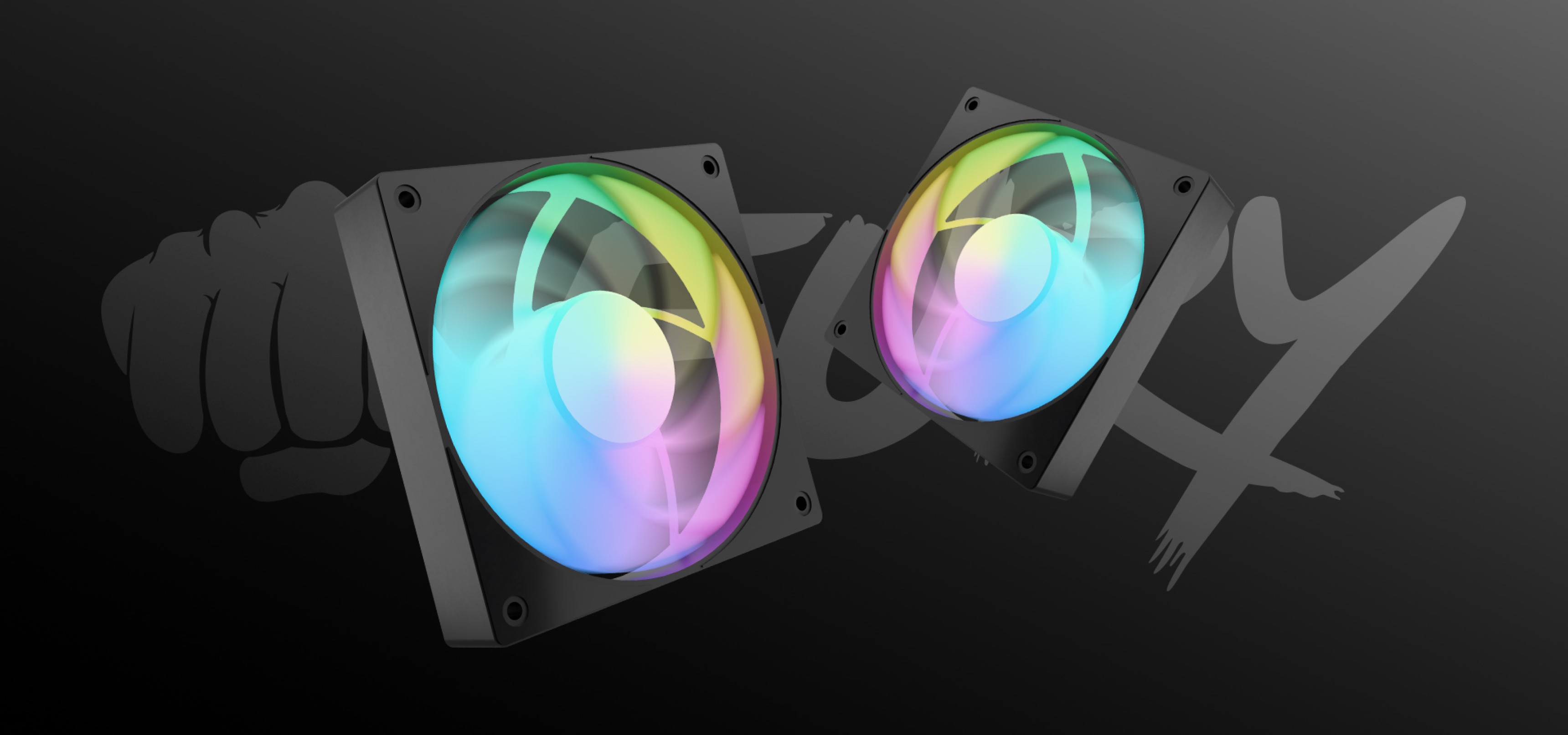 Two square cooling fans with colorful lights spinning on a dark background.