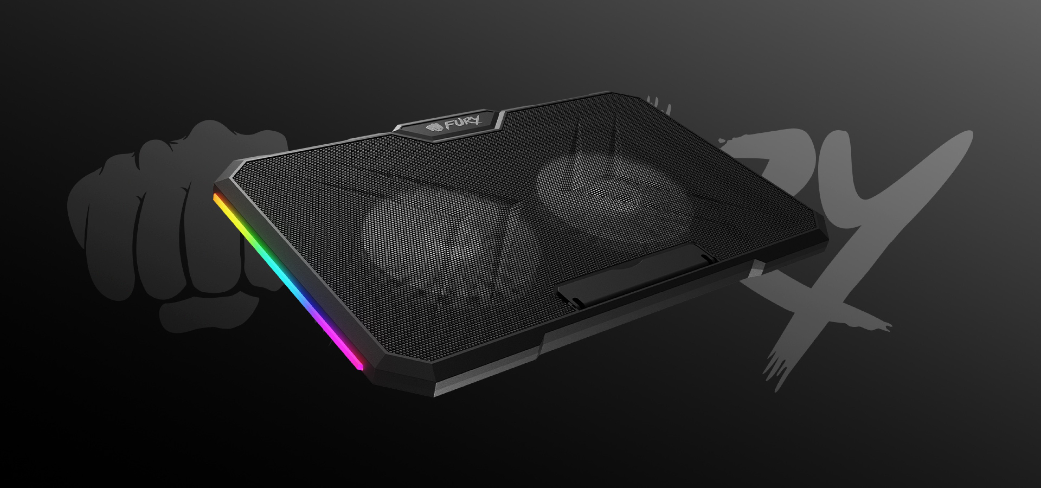 Laptop cooling pad with dual fans and a colorful light strip on one side.