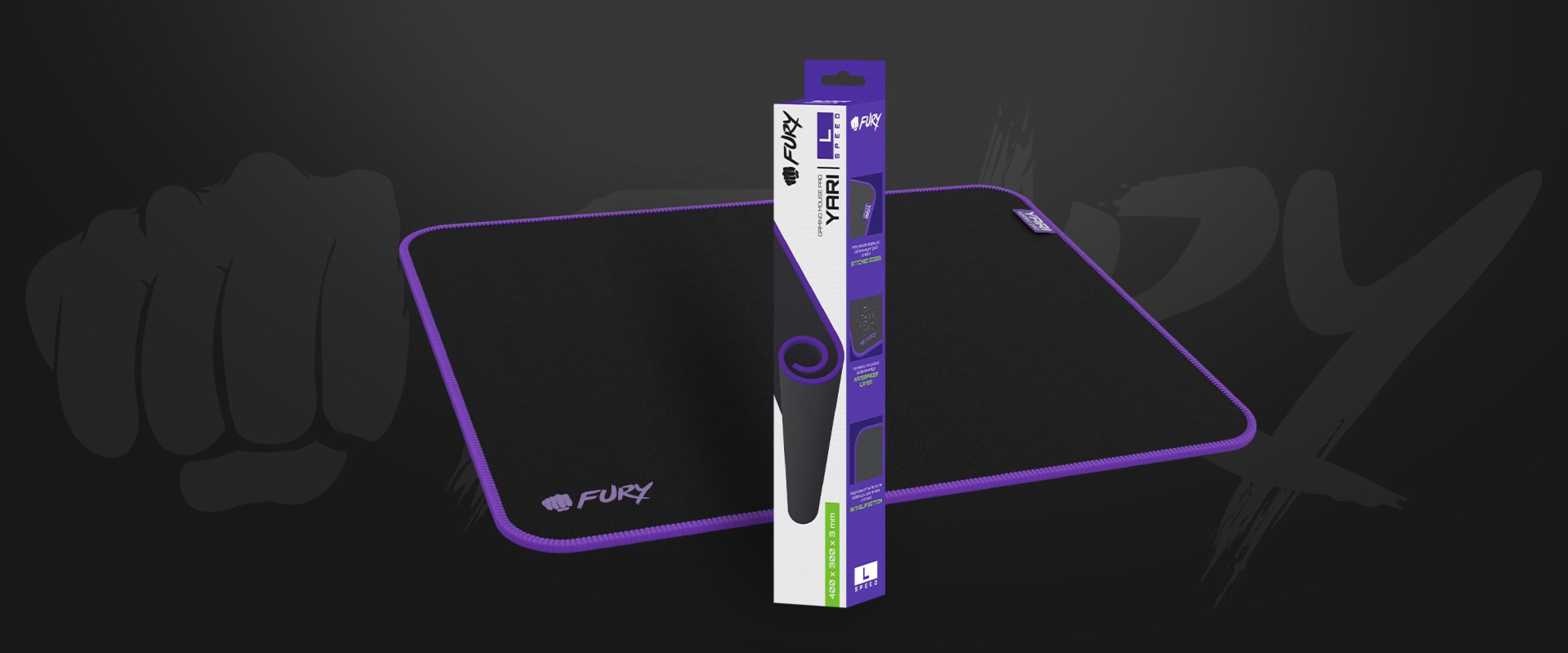Black gaming mouse pad with purple edges, measuring 400x300mm, displayed alongside its packaging