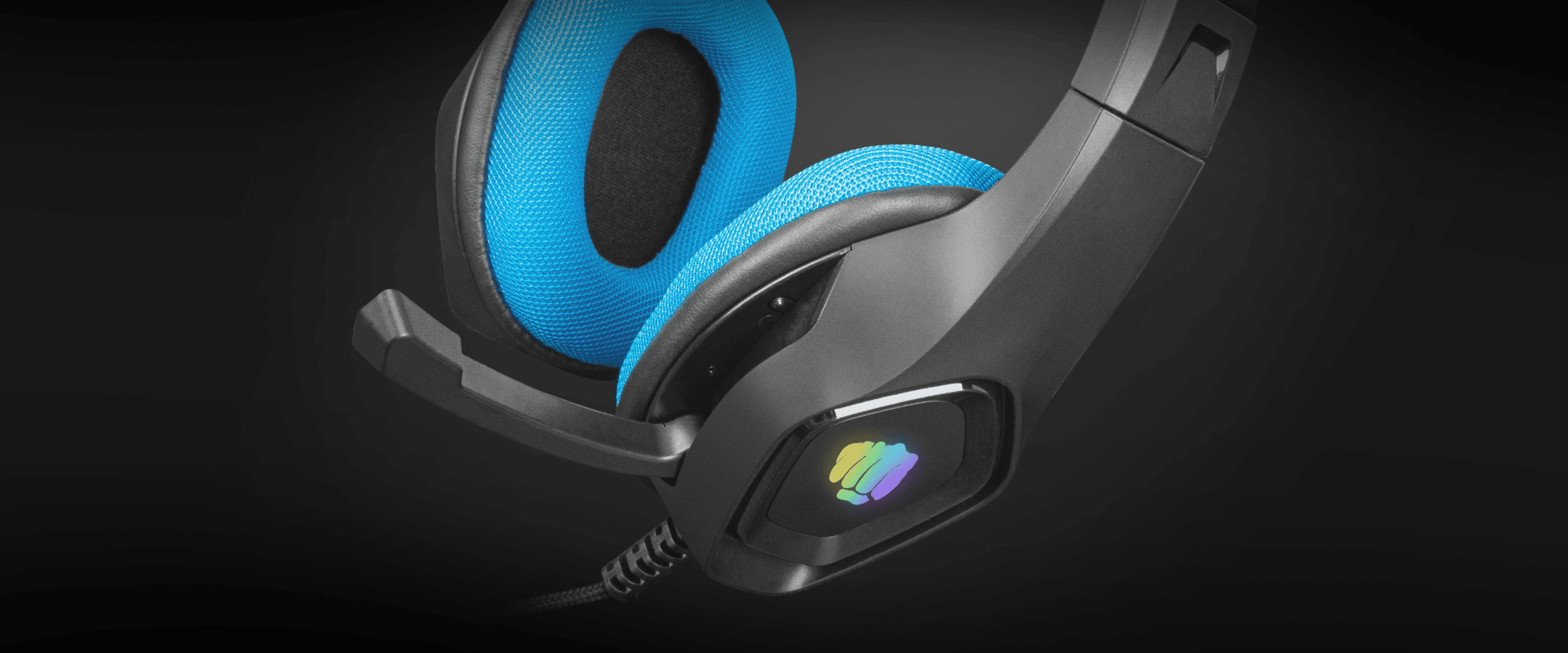 Black and blue over-ear headphones with RGB lighting and a detachable microphone
