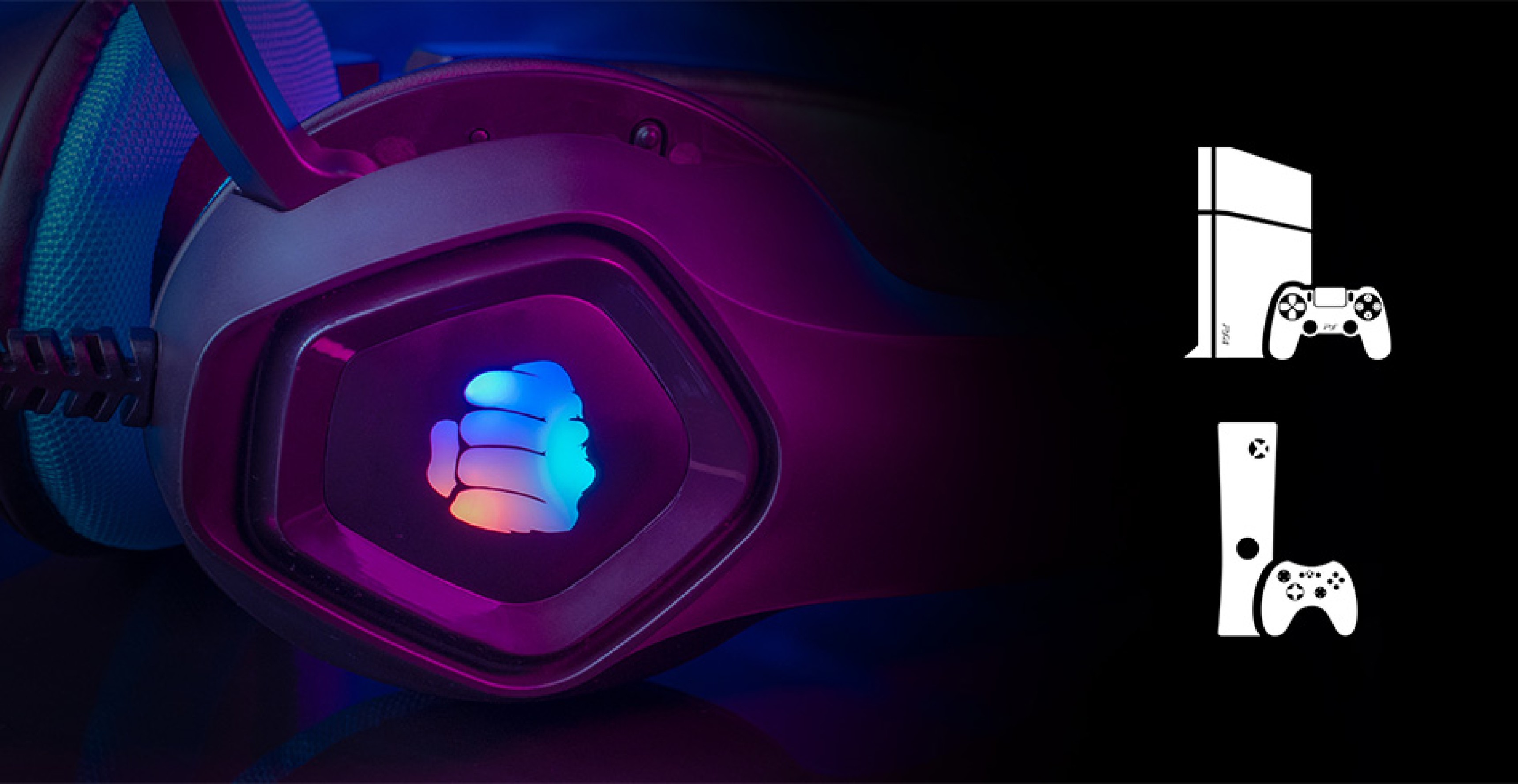 Black and blue over-ear headphones with RGB lighting and a microphone, designed for gaming compatibility