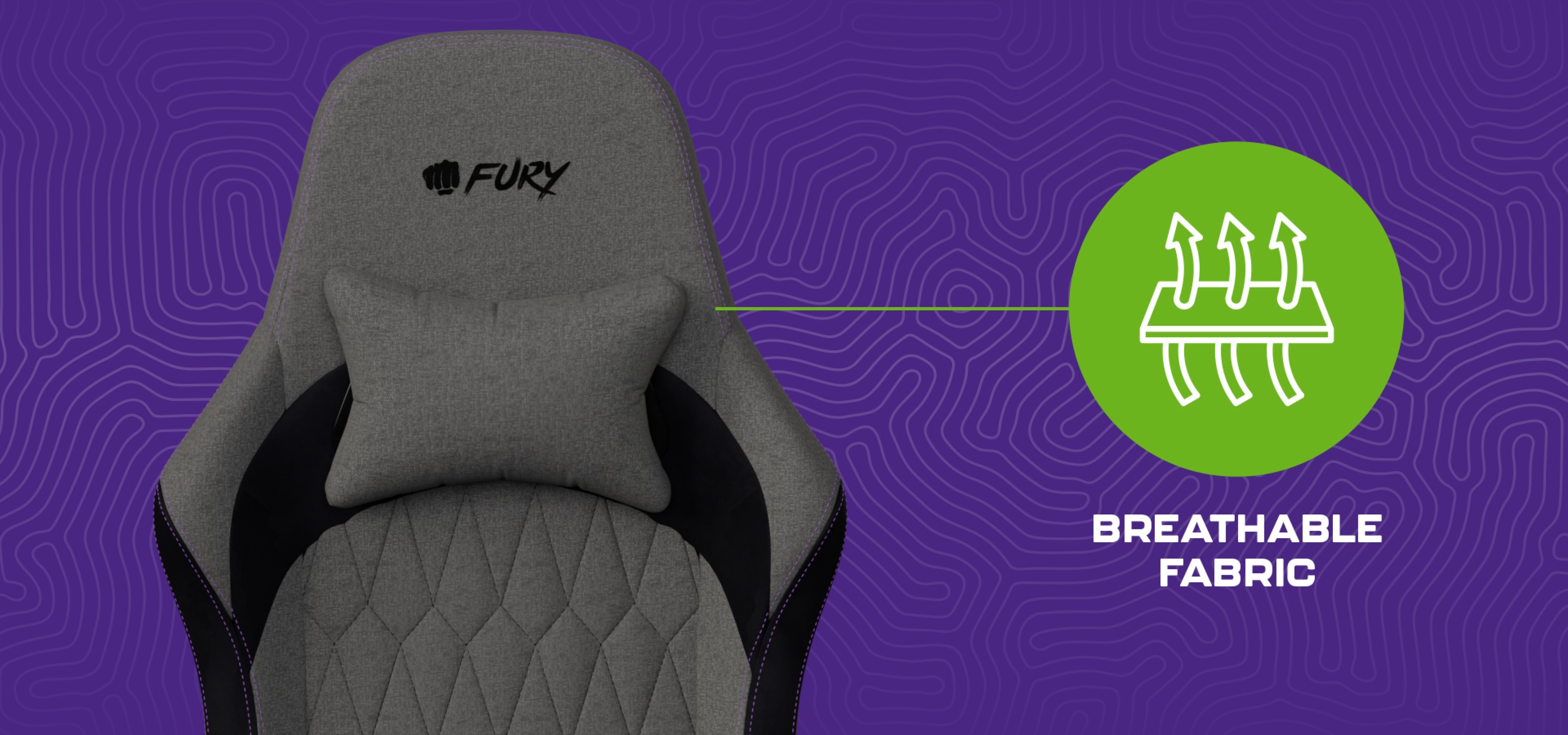 Gaming chair with a gray breathable fabric and a supportive cushion on the backrest