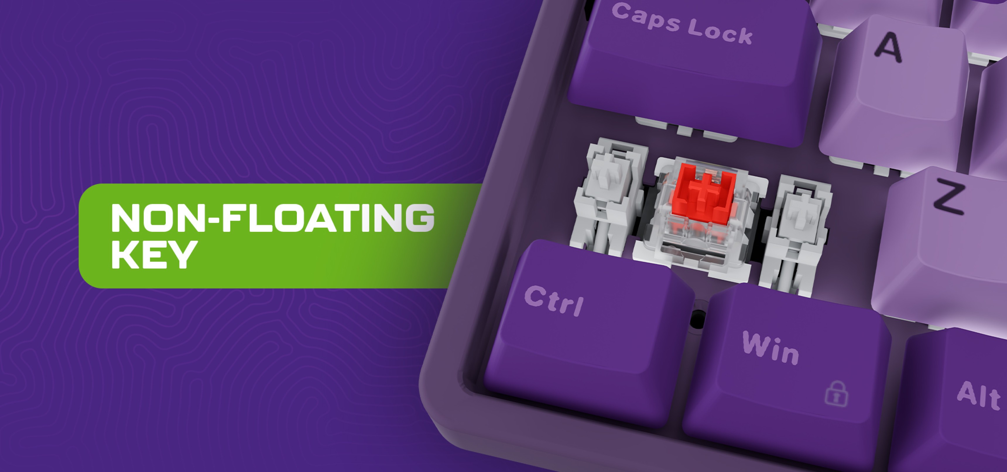 Purple keyboard with a highlighted red switch and a non-floating key in the center.