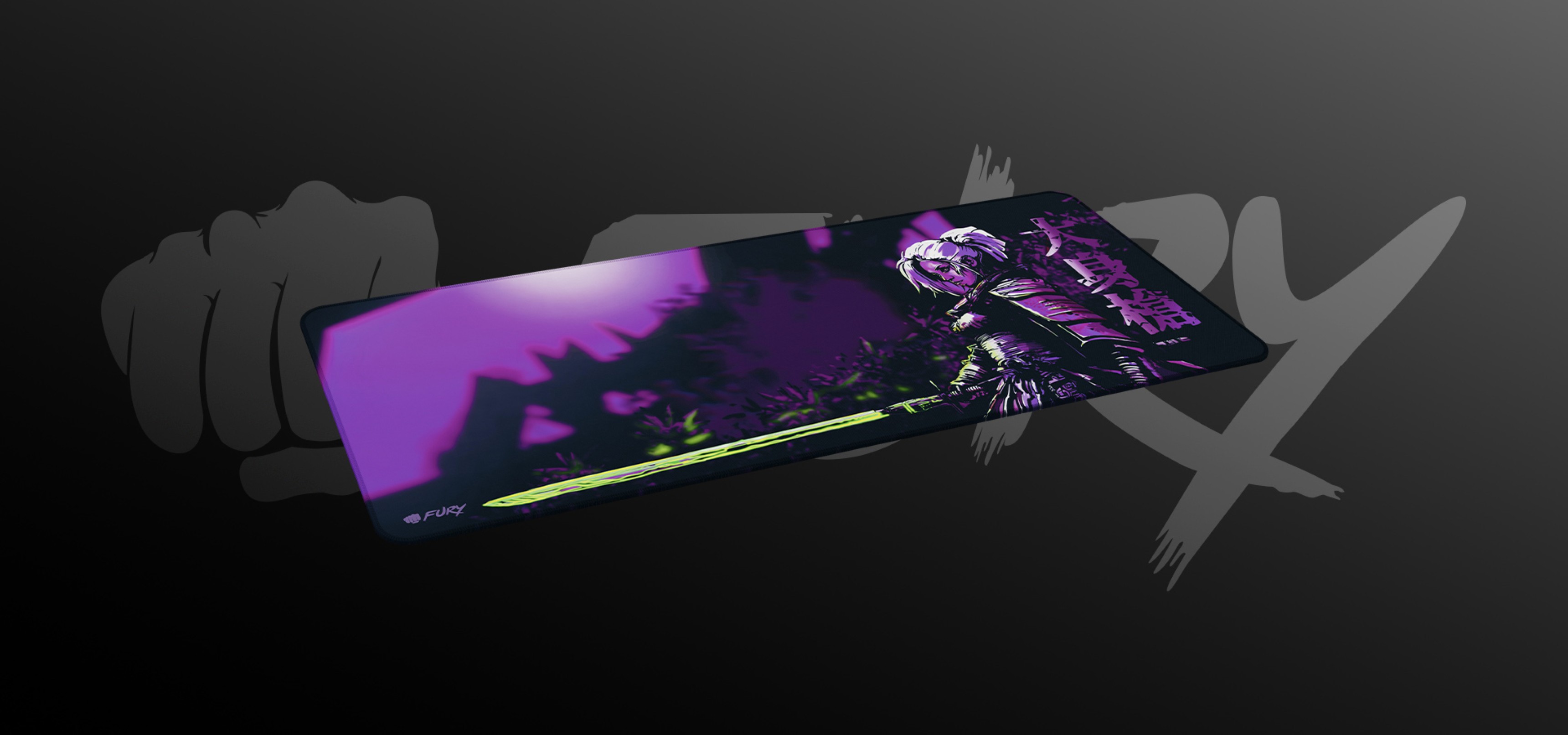 Gaming mouse pad with a vivid design featuring a character in purple tones.