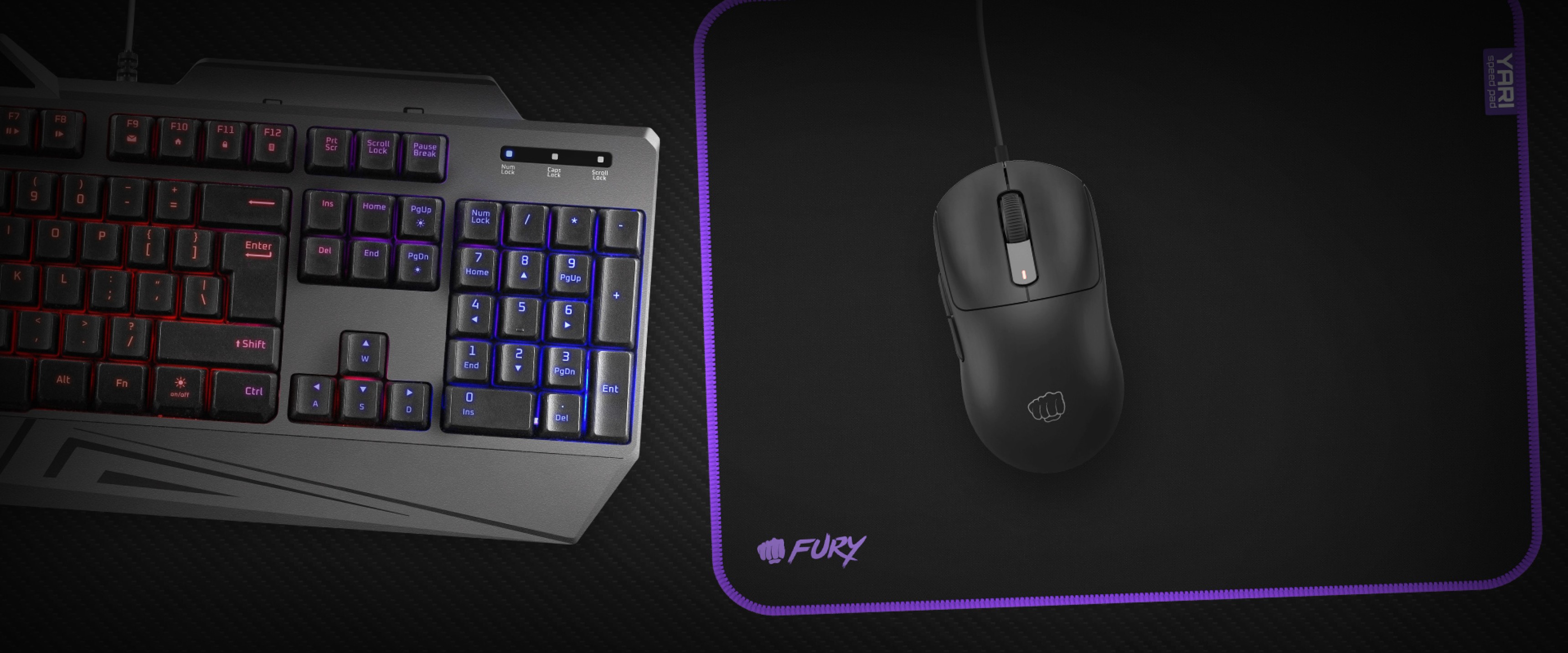 Black Fury YARI Speed L mouse pad (400x300mm) displayed with a gaming keyboard and mouse, featuring RGB lighting