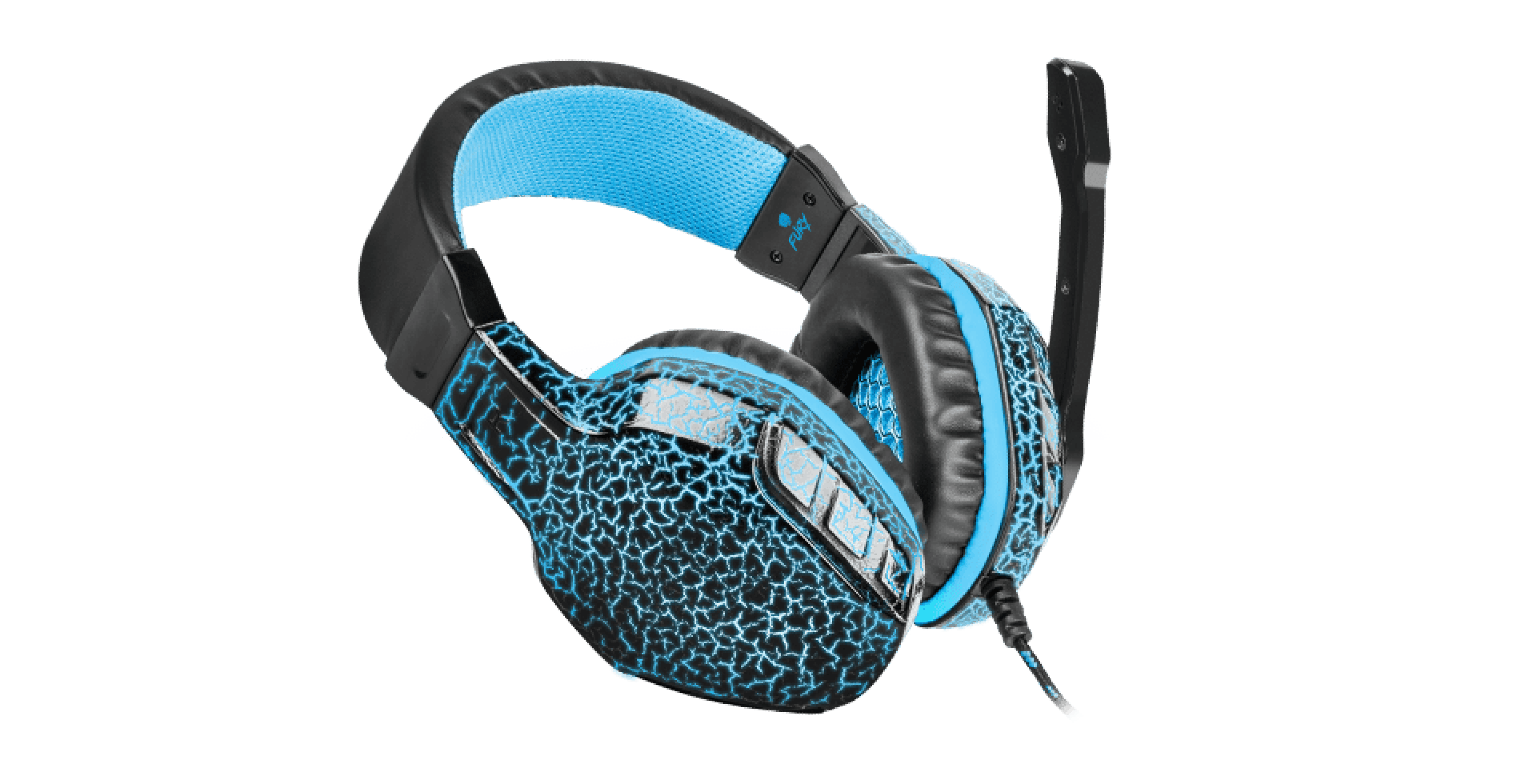 Black and blue over-ear headphones with a cracked texture design and a microphone, featuring LED lighting