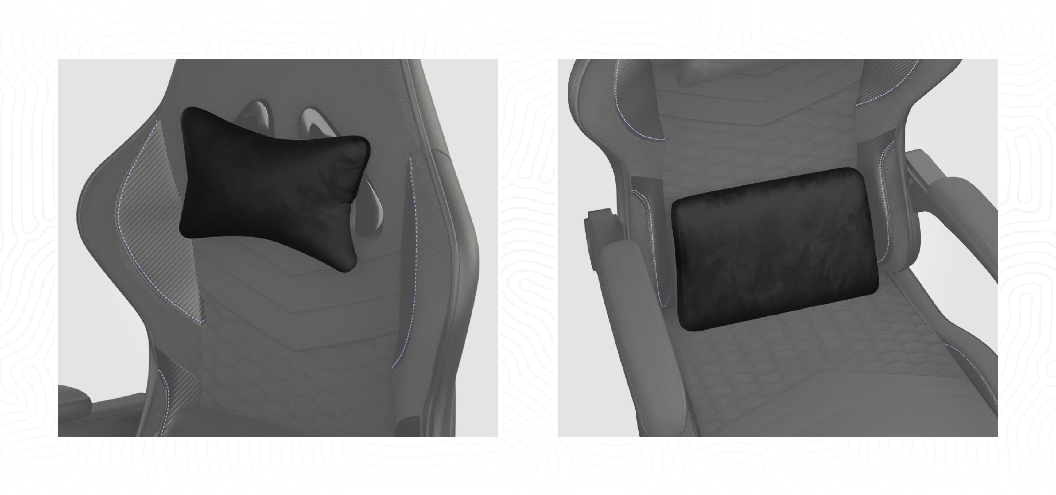 Two black support cushions on a grey gaming chair for lumbar and neck comfort.