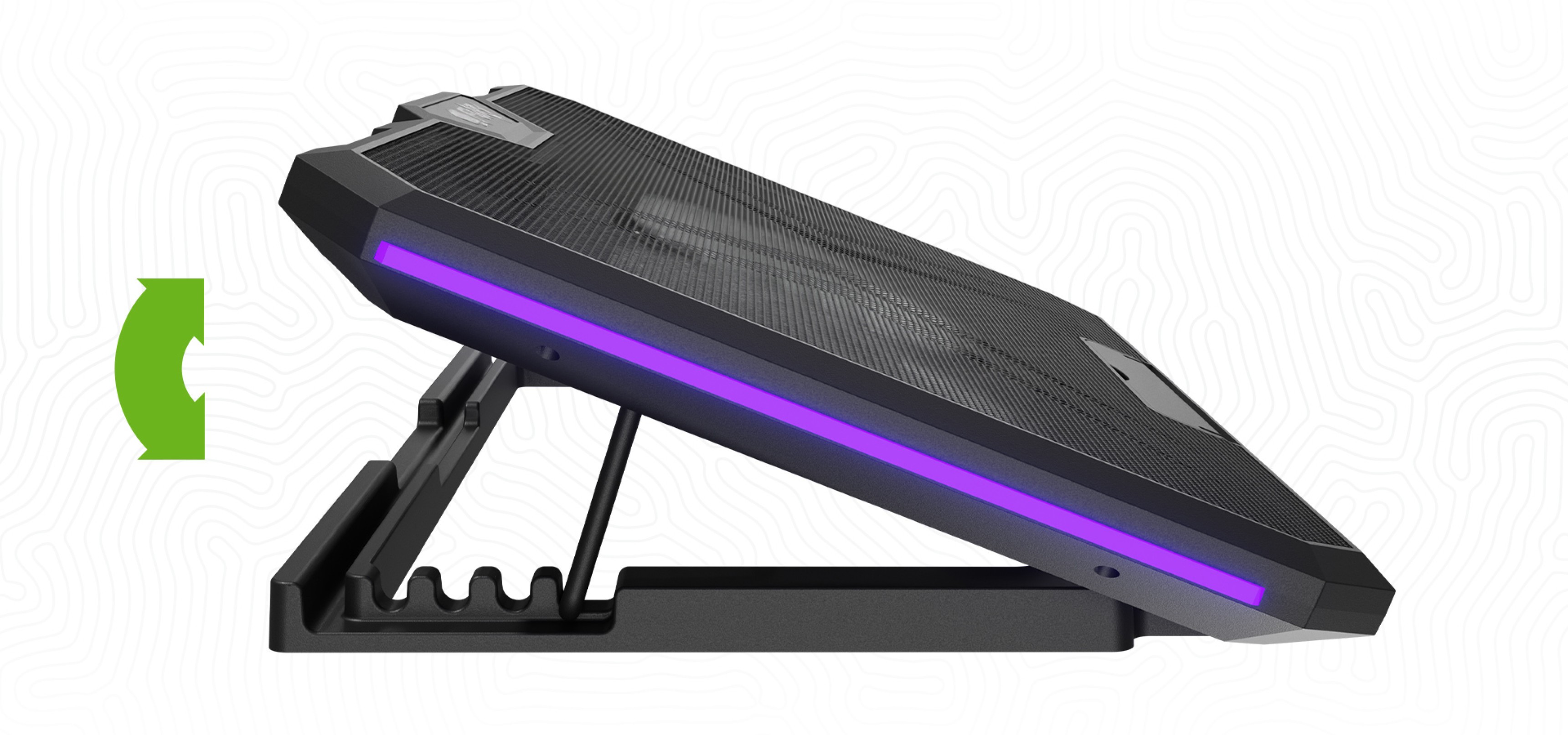 Laptop cooling pad with adjustable height and colored light along the edge.