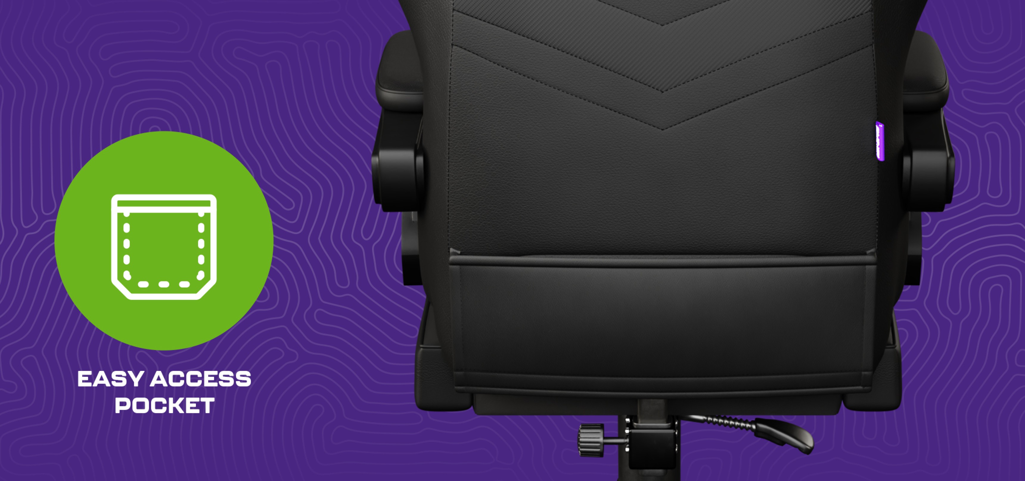 Black ergonomic chair with a streamlined design and a small access pocket attached.