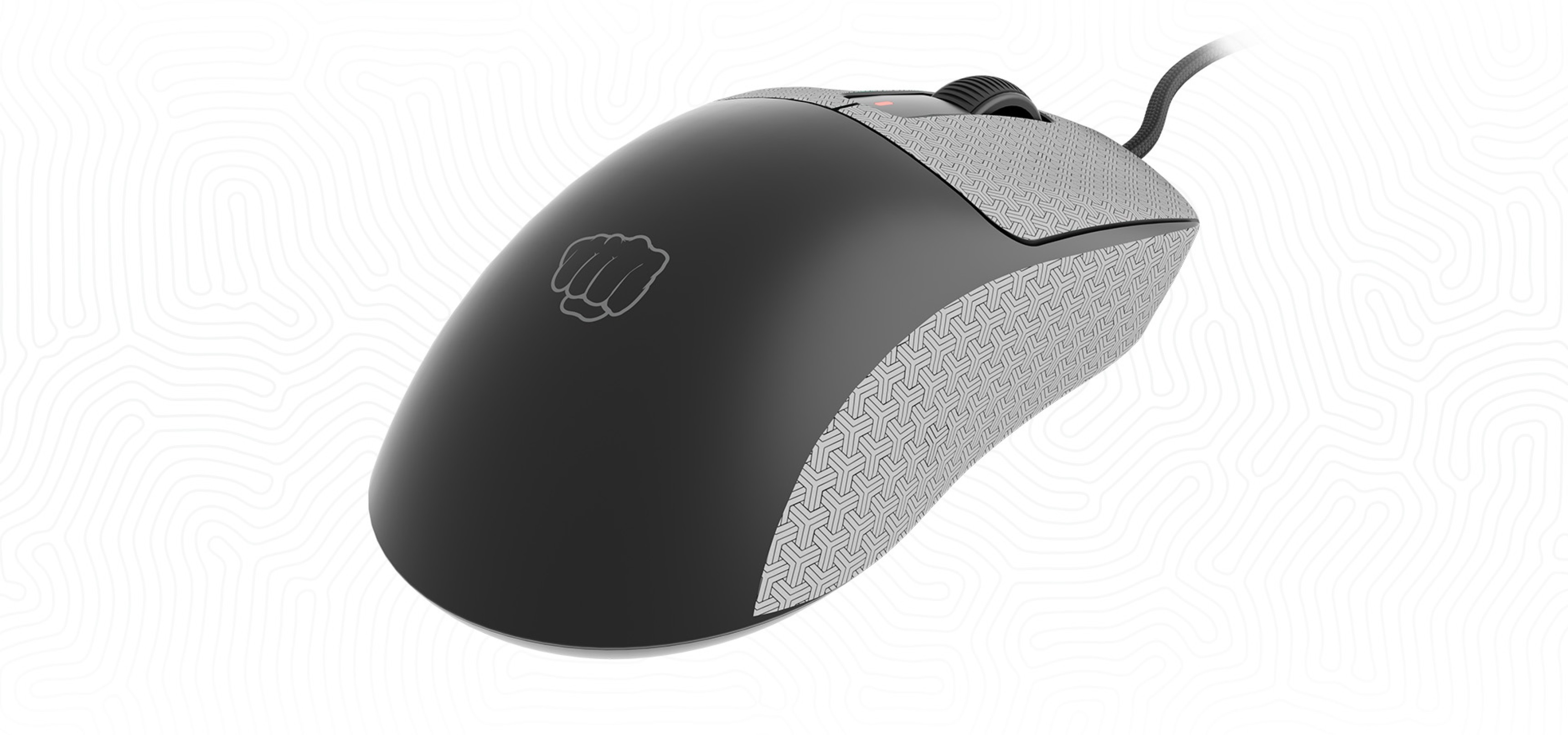 Black gaming mouse with RGB lighting and programmable features, featuring a textured grip and ergonomic design