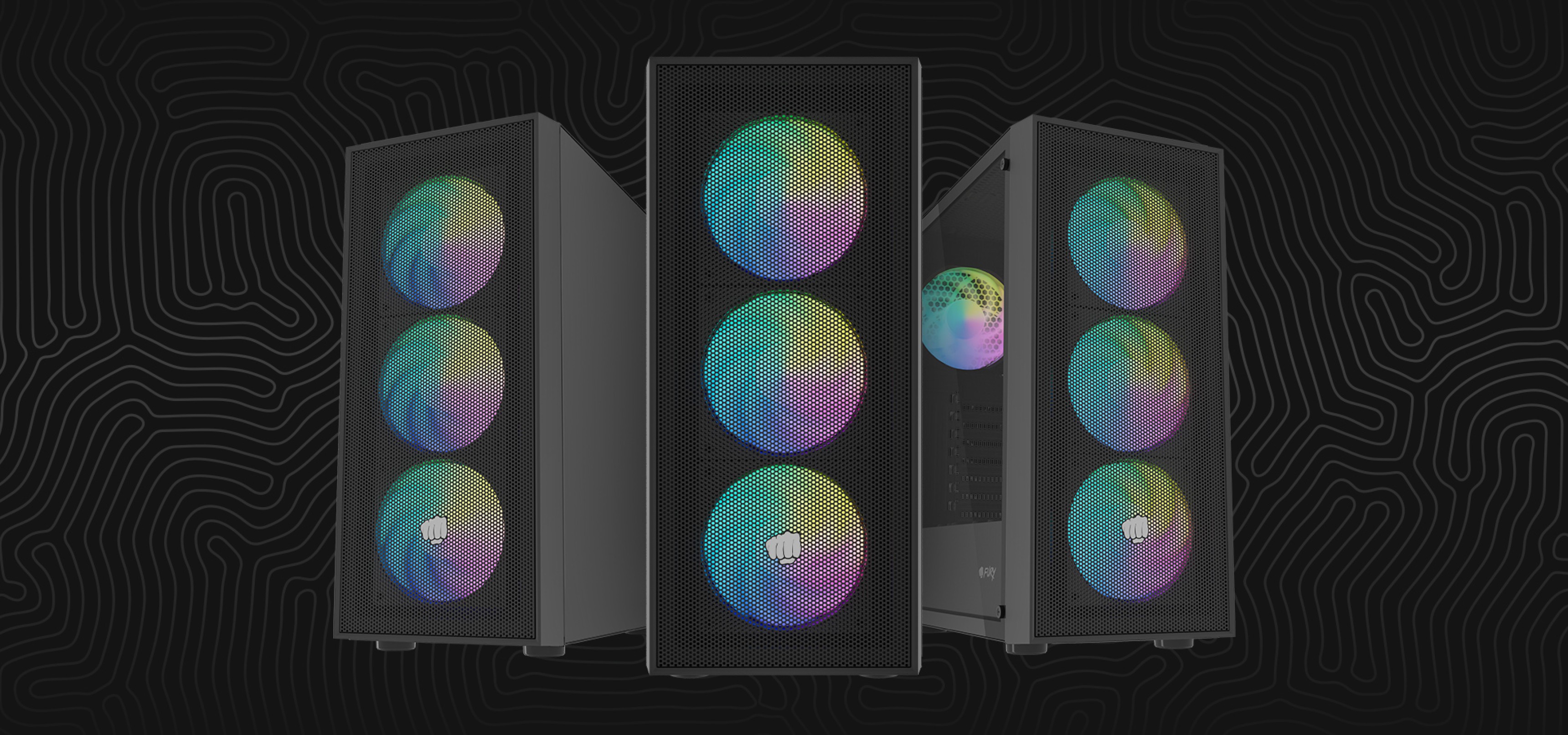 Three speakers with multiple colorful glowing lights arranged in an artistic display.