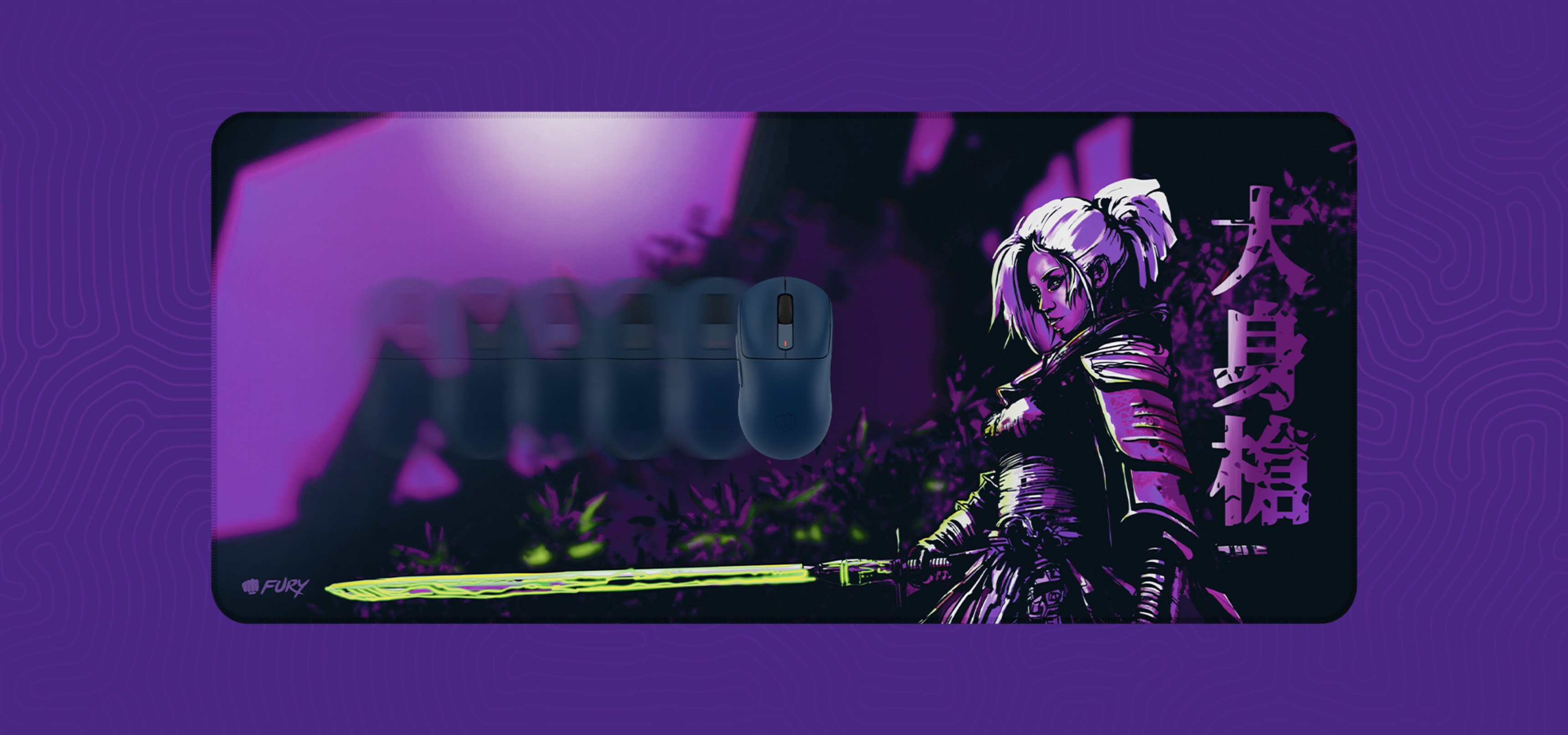 Gaming mouse pad featuring a character with a sword in a vibrant, dark-themed illustration.