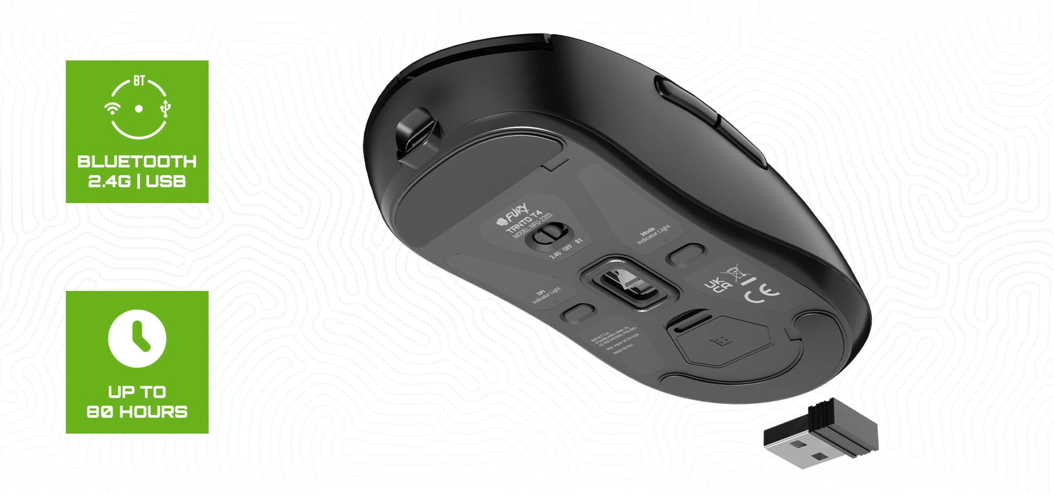 Wireless gaming mouse with a sleek black design, featuring adjustable DPI up to 12000, Bluetooth, USB connectivity, and a battery life of up to 80 hours