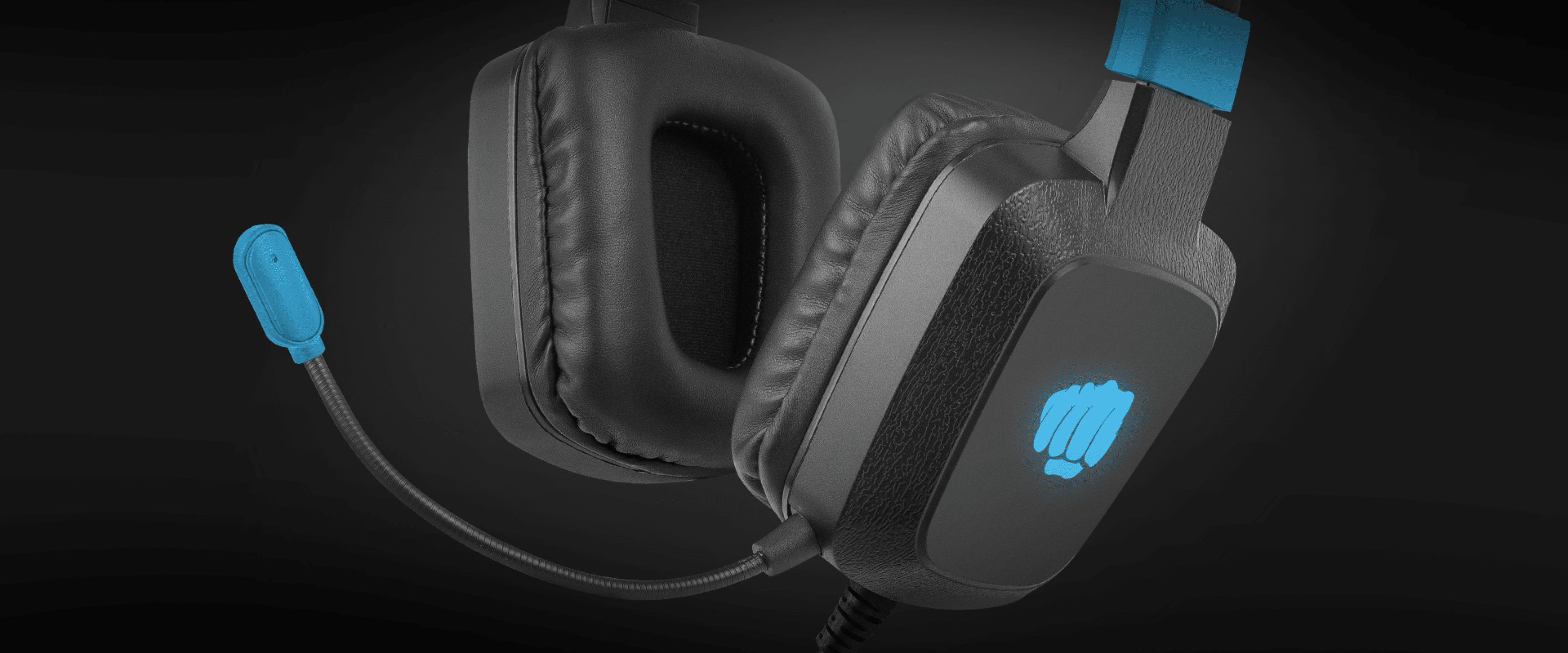 Black and blue over-ear headphones with a microphone and RGB lighting. Soft ear cushions and adjustable headband visible