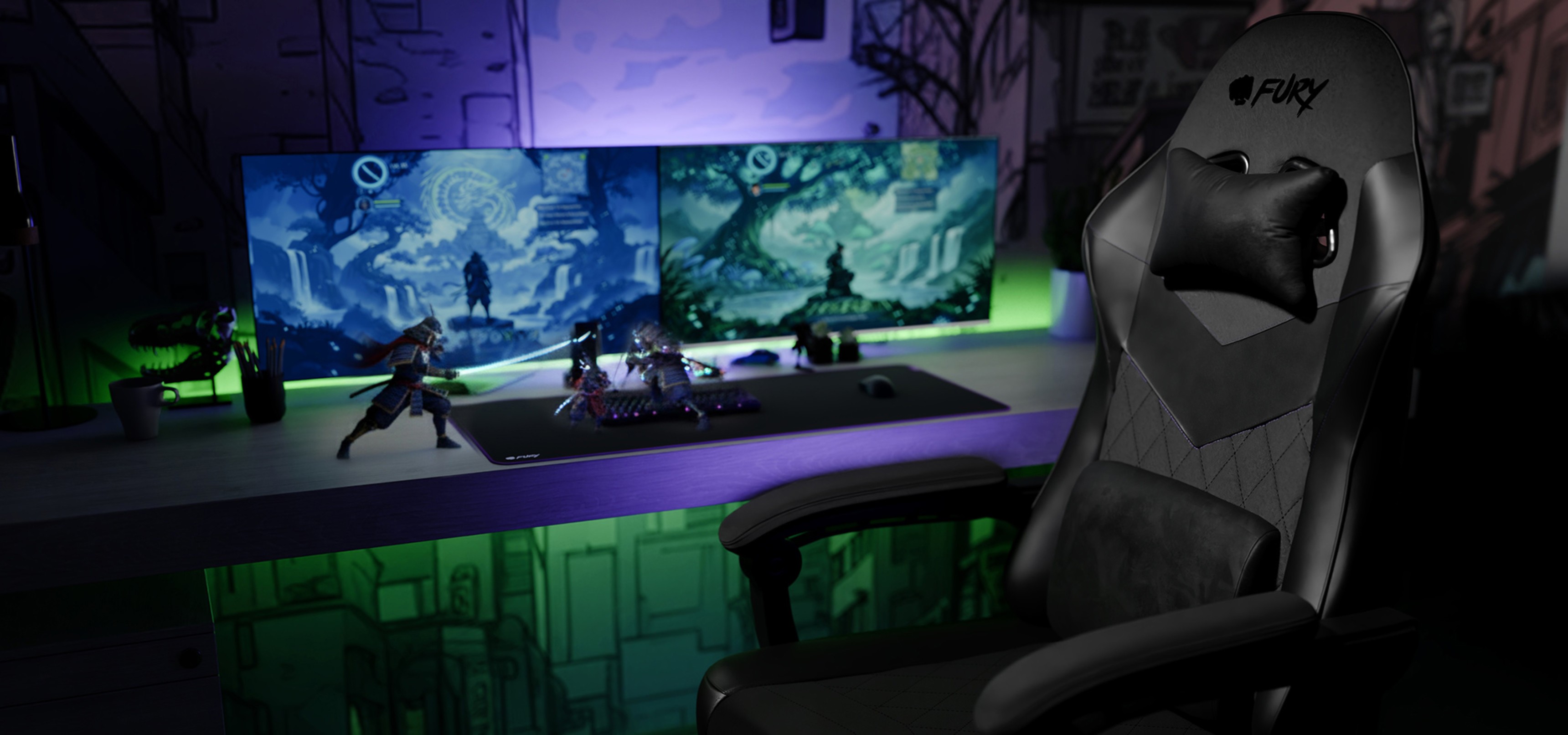 Black Fury Shinai S2 gaming chair positioned in a gaming workspace with dual monitors