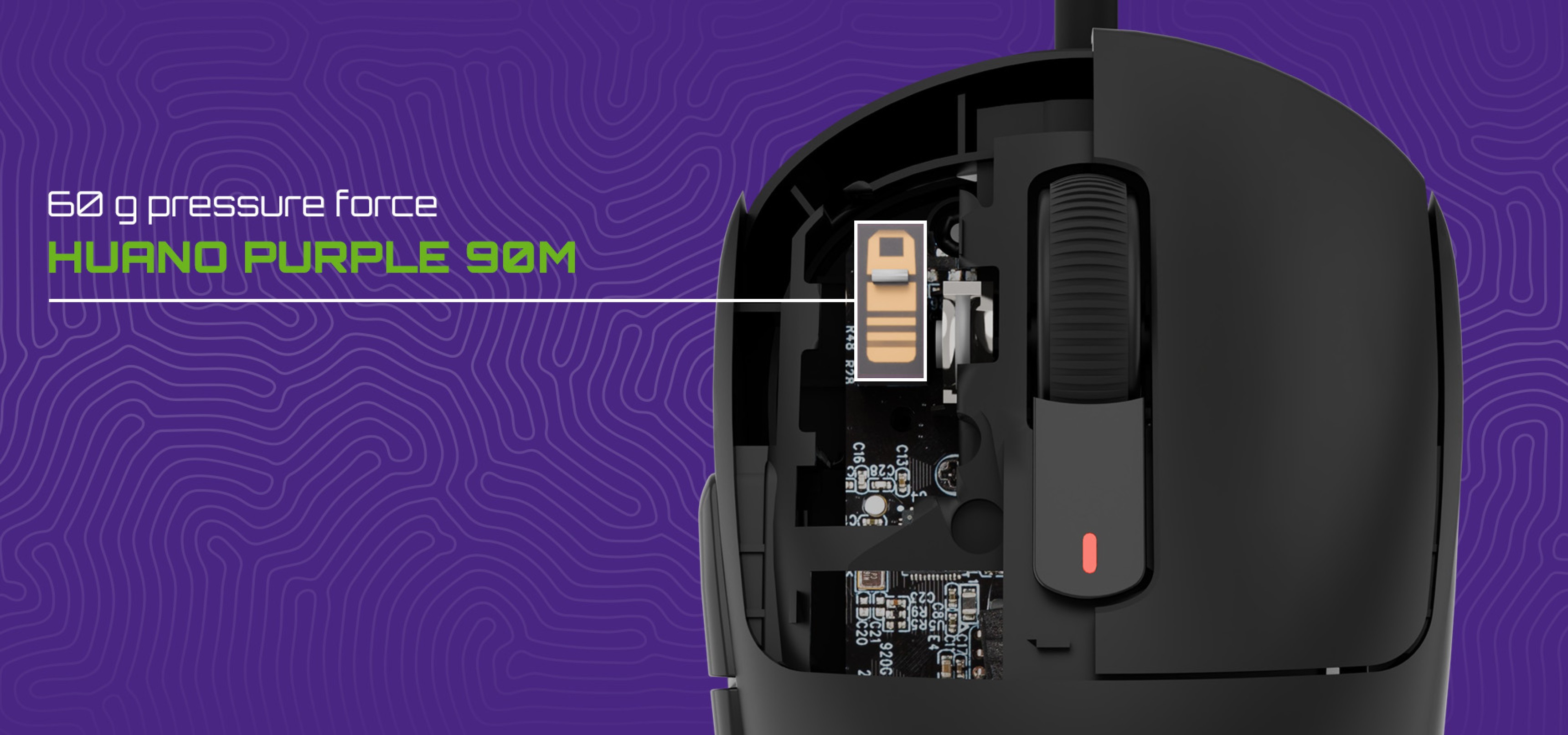 Close-up view of a black gaming mouse with programmable features, highlighting the internal Huano Purple 90M switch and pressure force specification