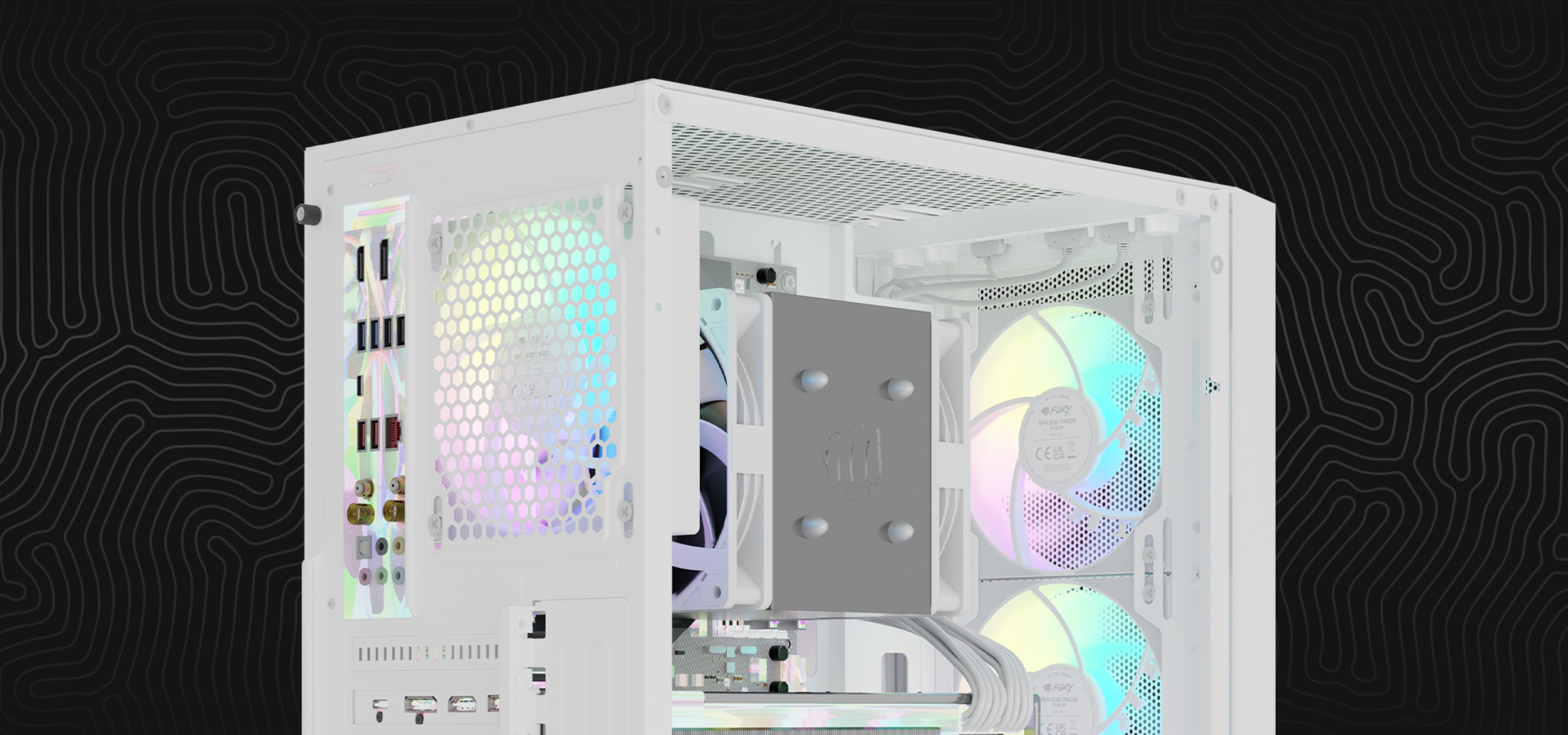 White computer case featuring transparent panels and multiple colorful cooling fans.