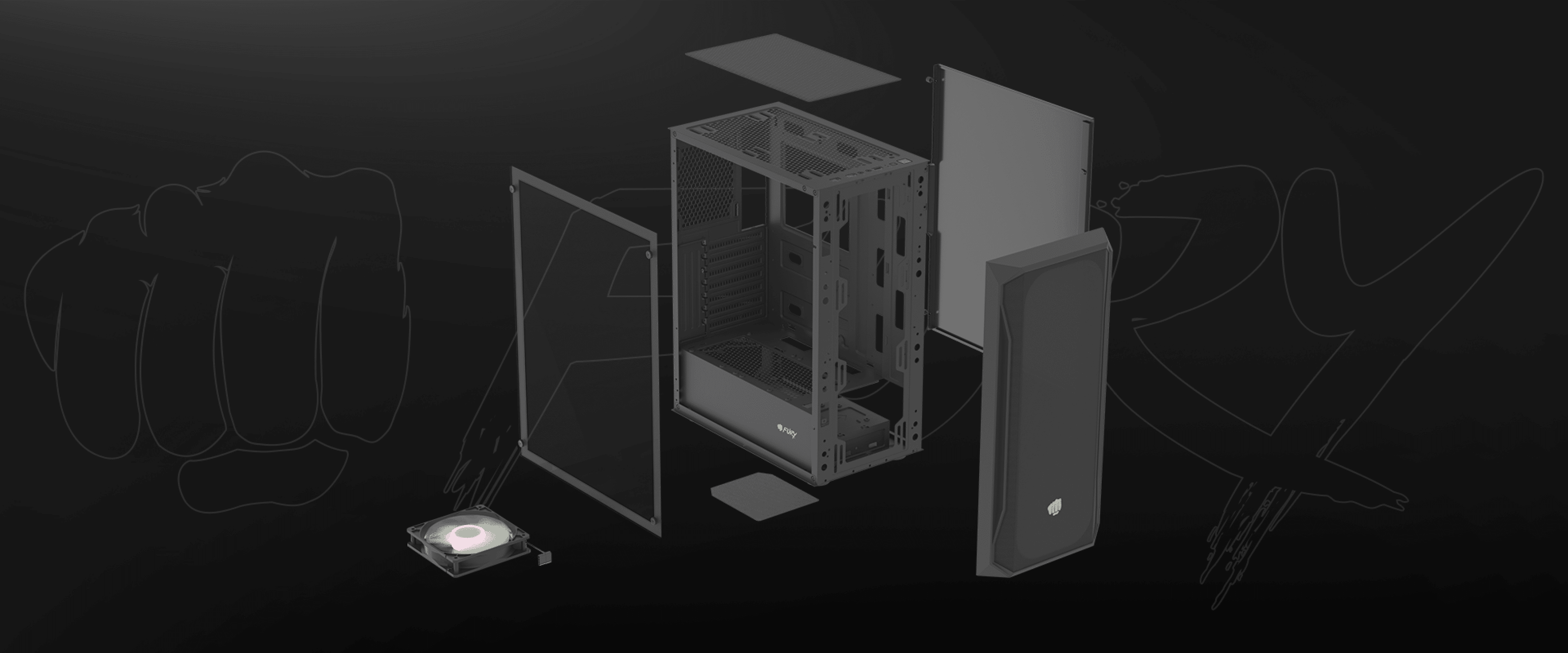 Black RGB midi tower PC case with transparent side panel and disassembled components, showcasing its interior layout
