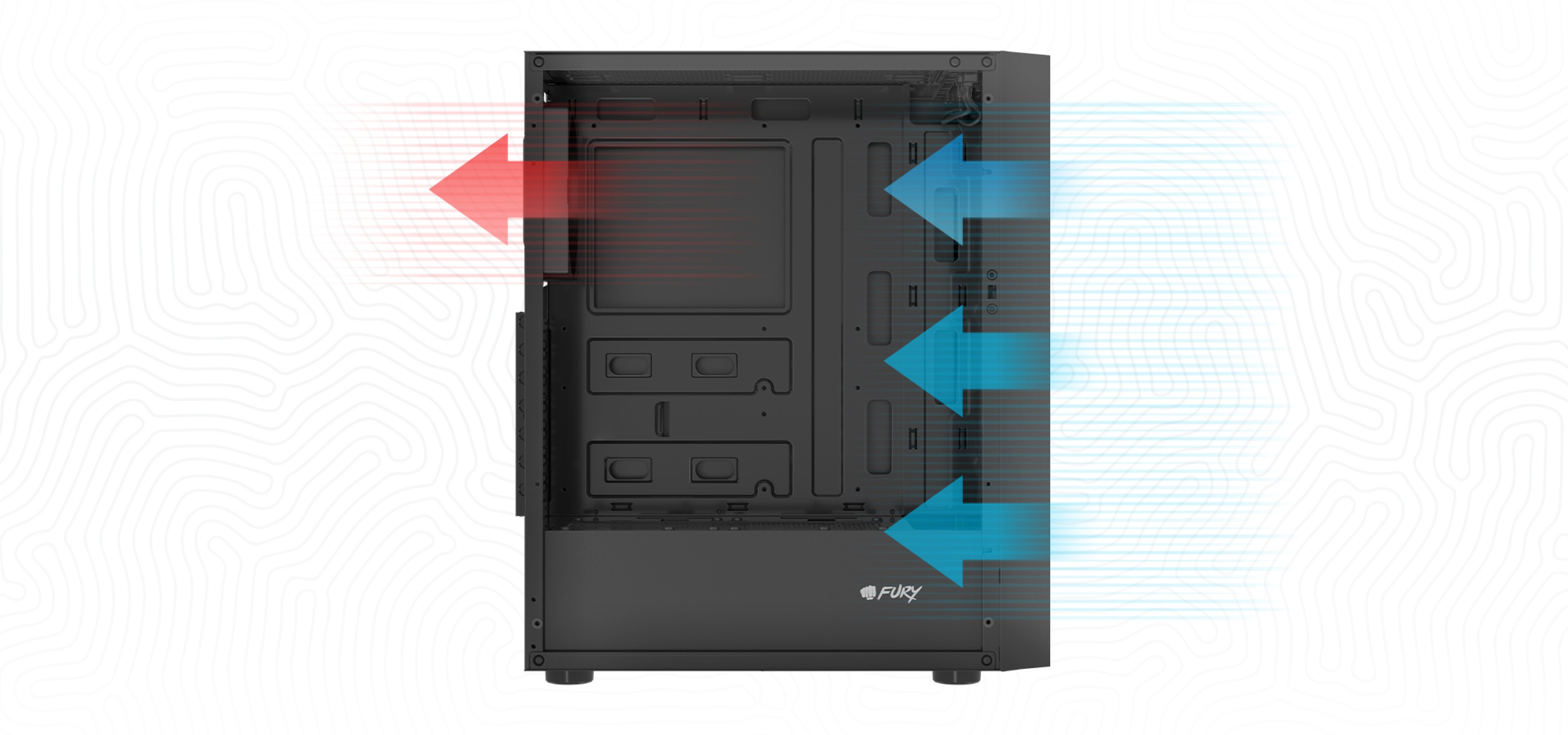 Computer case with airflow arrows indicating air intake and exhaust directions.