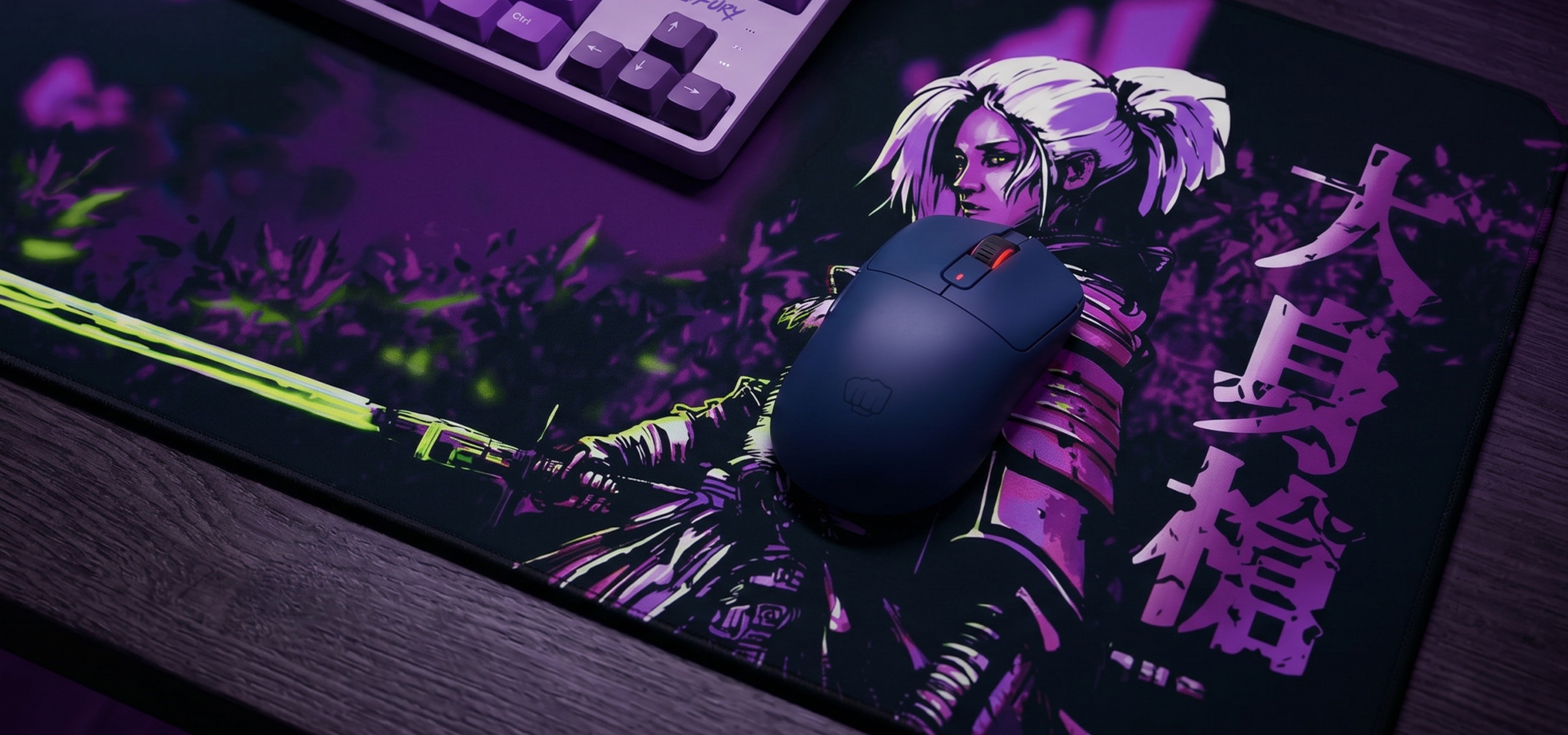 Gaming mouse on a colorful mouse pad featuring a character with a sword.