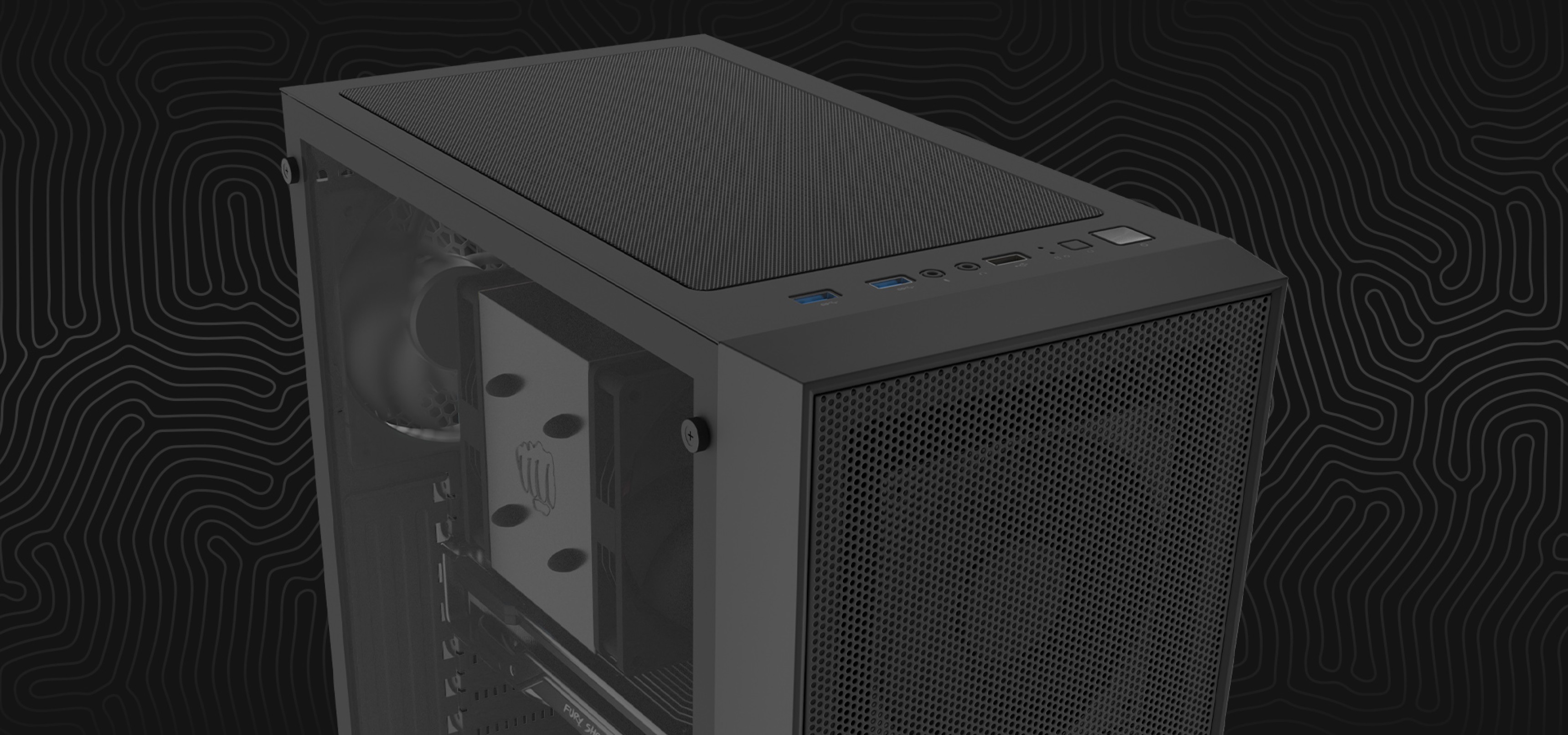 Black computer case with a mesh top panel and a transparent side window.