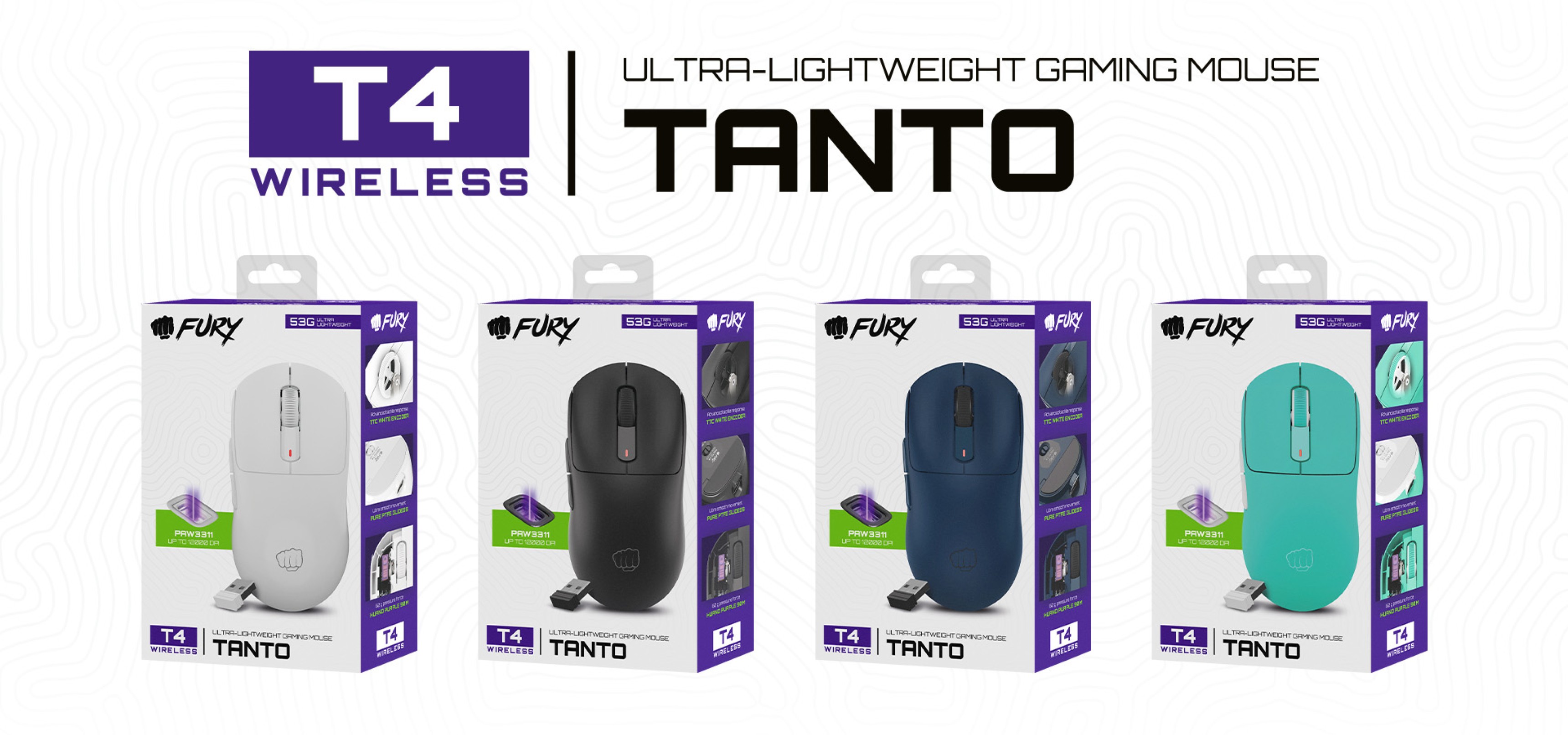 Four color variations of the Fury TANTO T4 wireless gaming mouse, featuring sleek packaging and a 12000 DPI specification