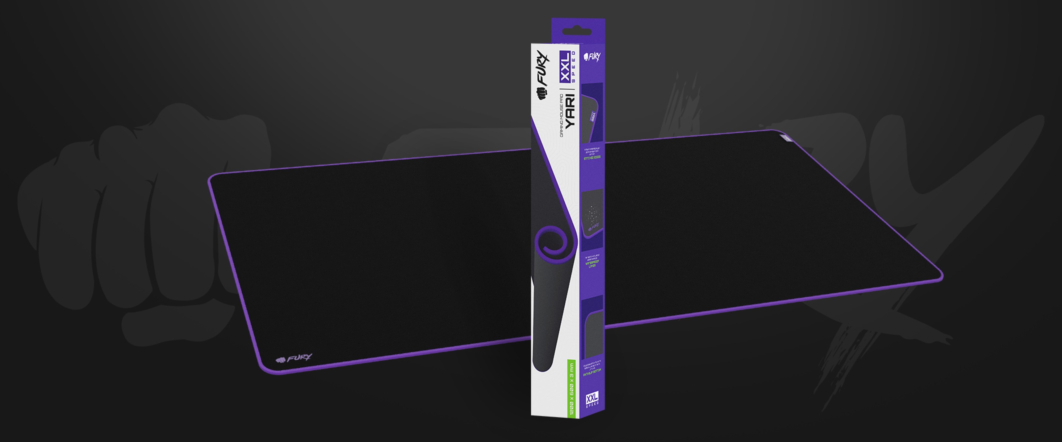 Black gaming mouse pad Fury Yari Speed XXL, measuring 1200x600mm, displayed with packaging on a dark background