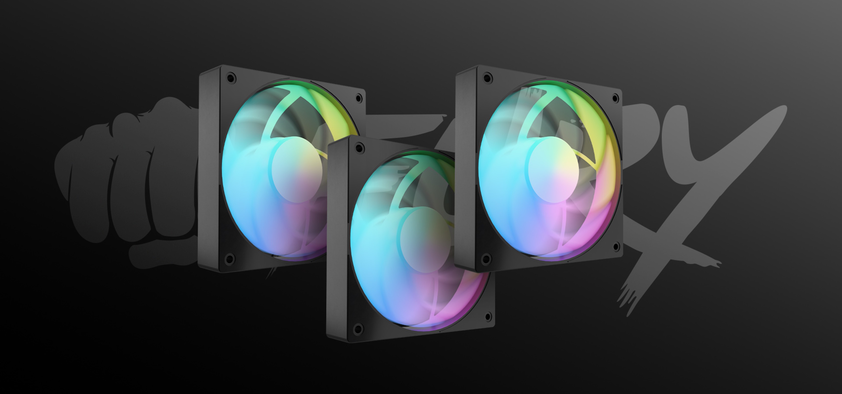 Three cooling fans with colored lights arranged in a stylish way against a dark background.