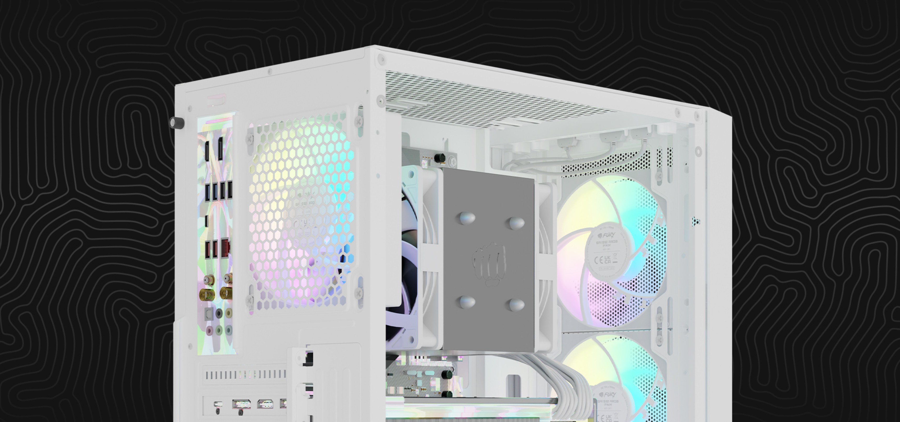 Computer case with a transparent side panel and colorful cooling fans inside.