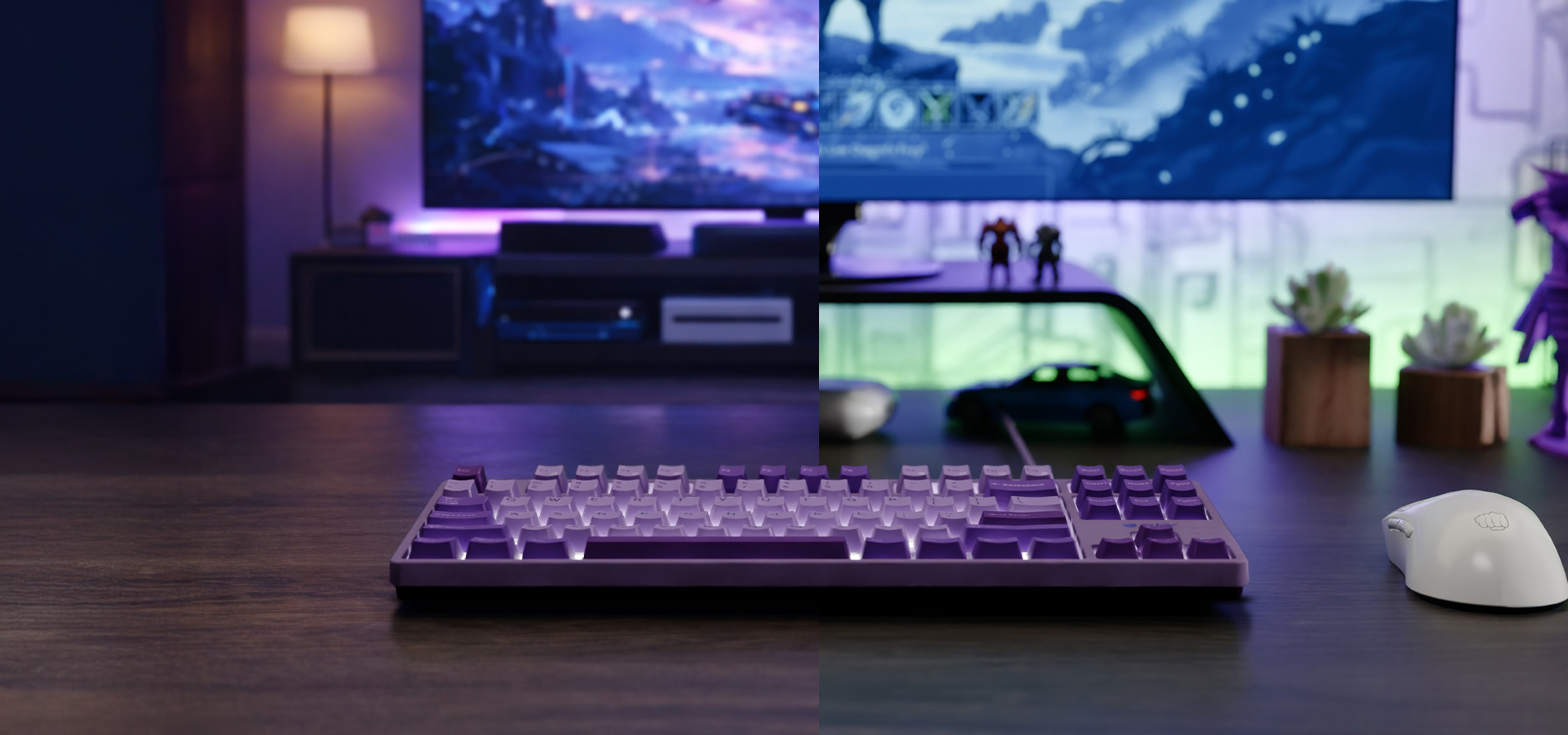 Purple keyboard with backlit keys positioned on a wooden desk beside a computer mouse.
