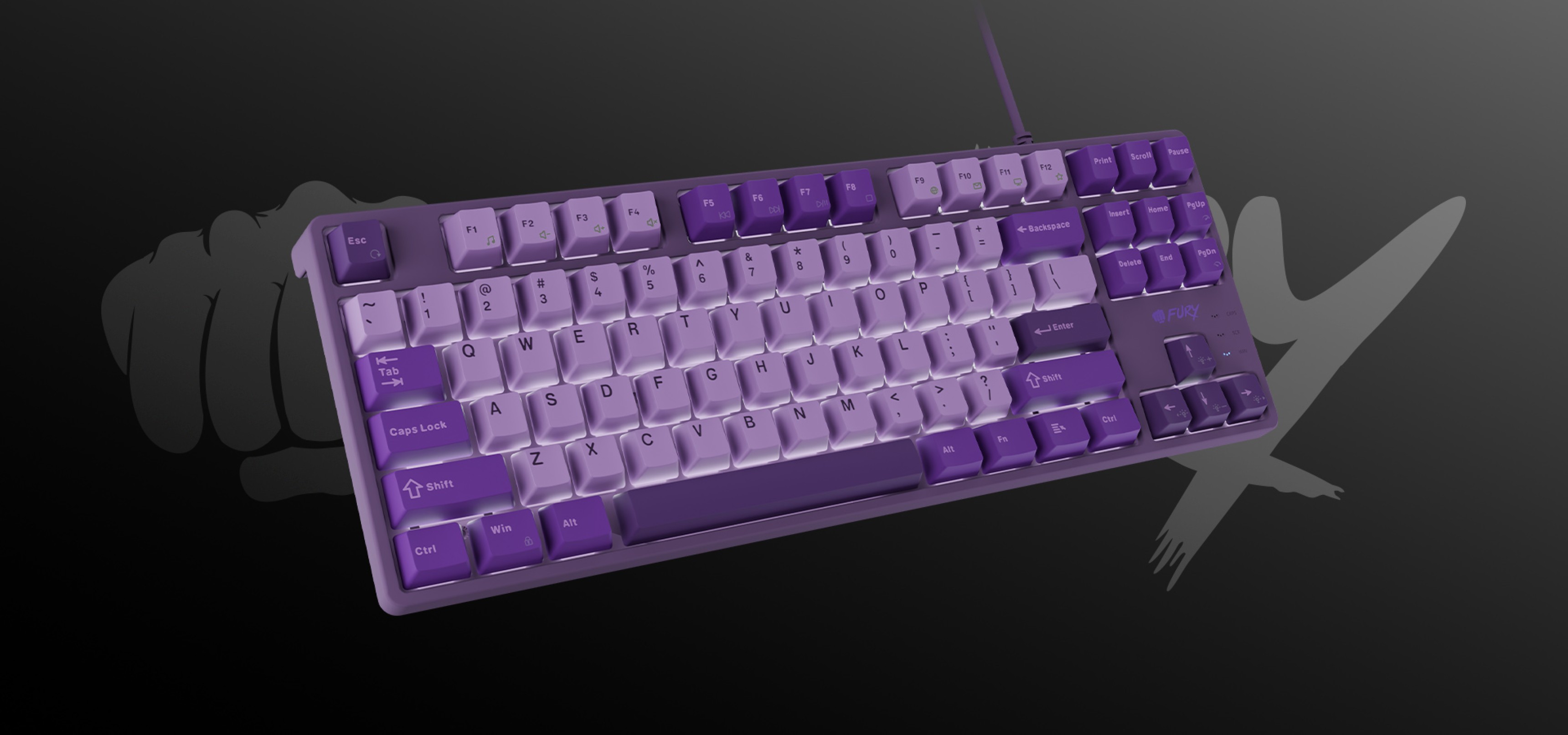 Purple mechanical keyboard with various keys and a connection cable.