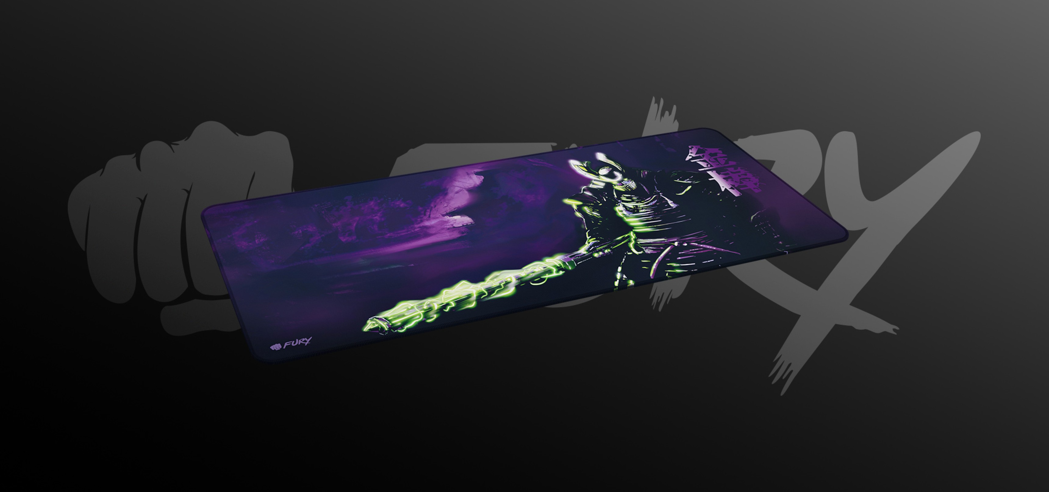Mouse pad featuring a dark illustration of a character with a glowing weapon.