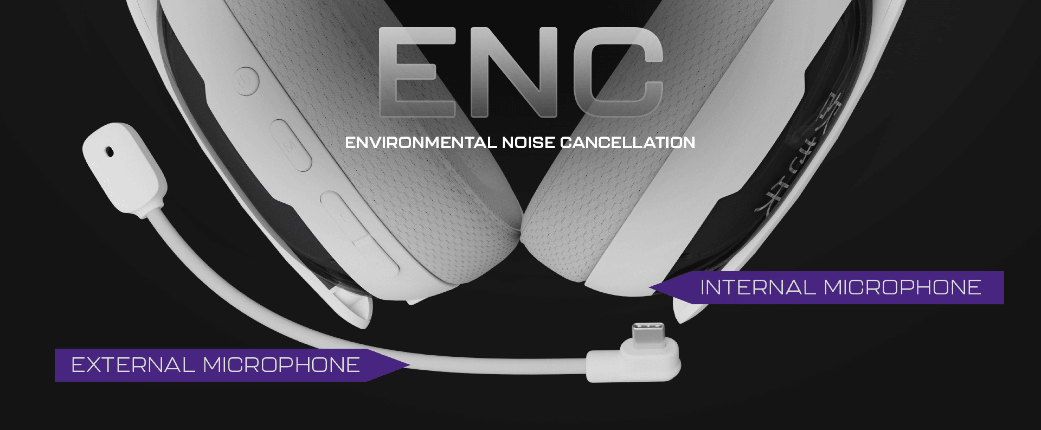Headphones featuring two microphones for noise cancellation and a sleek design.