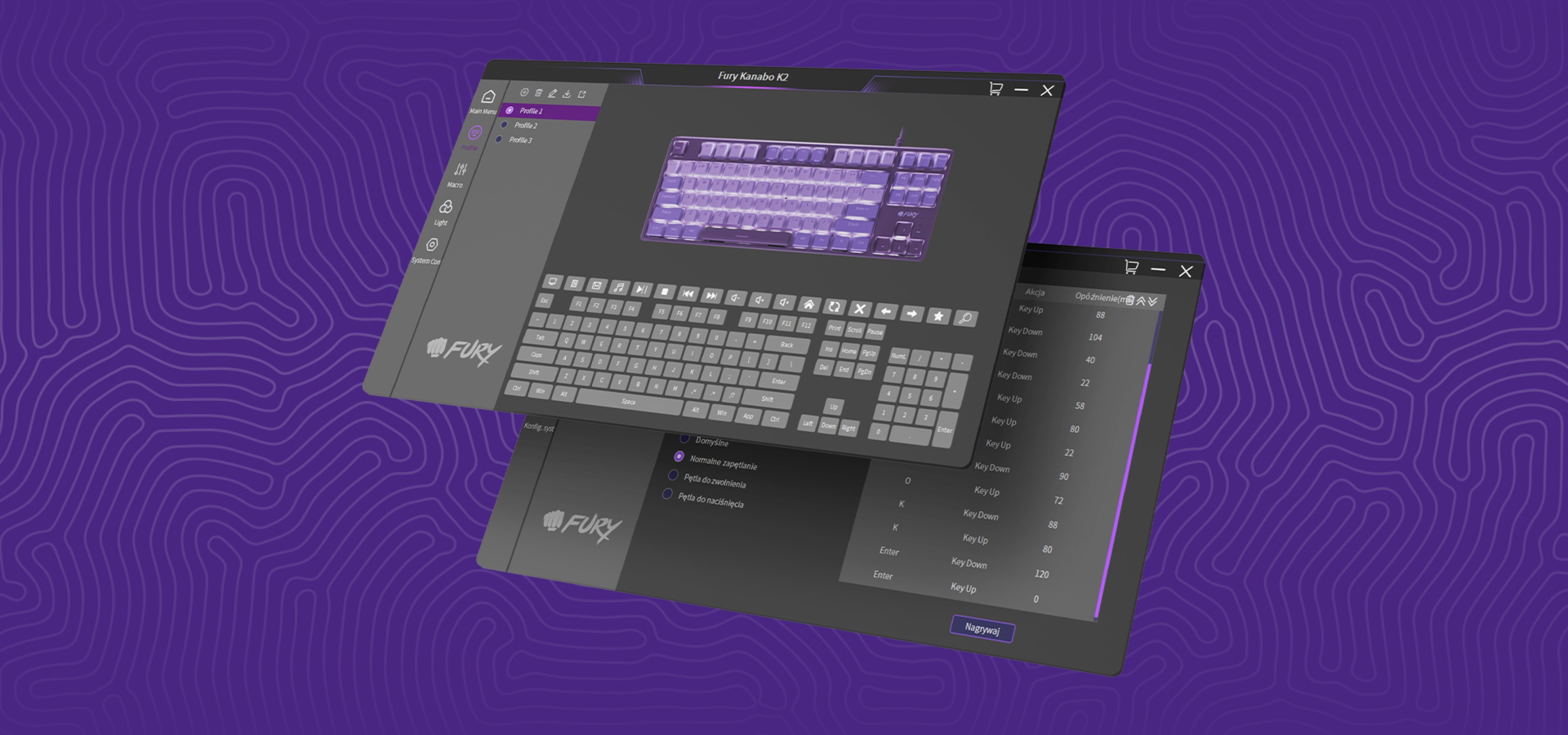 Two software windows displaying keyboard layouts on a purple background with patterns.