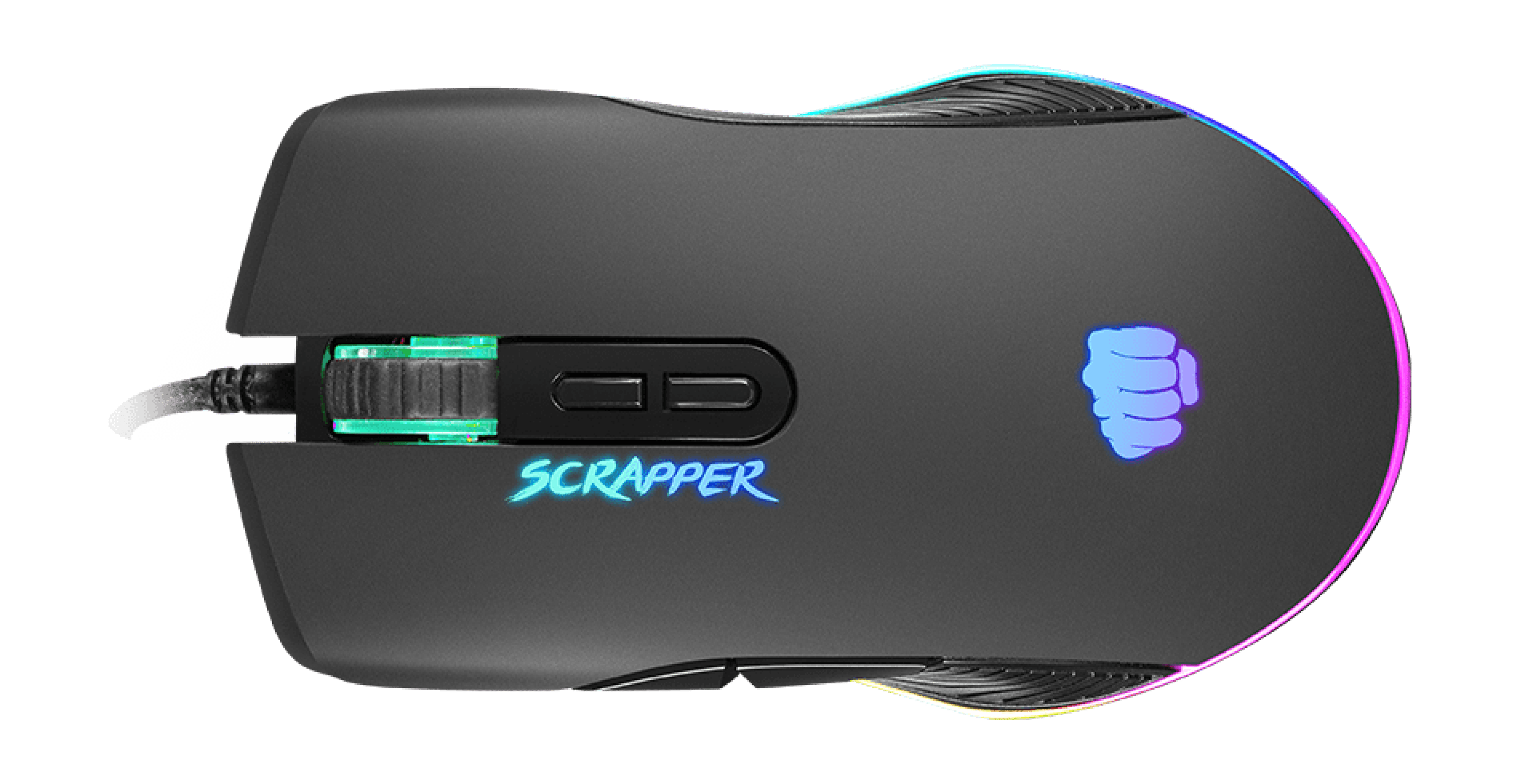 Gaming mouse with RGB lighting and 6400 DPI, featuring customizable buttons and a logo that displays a fist