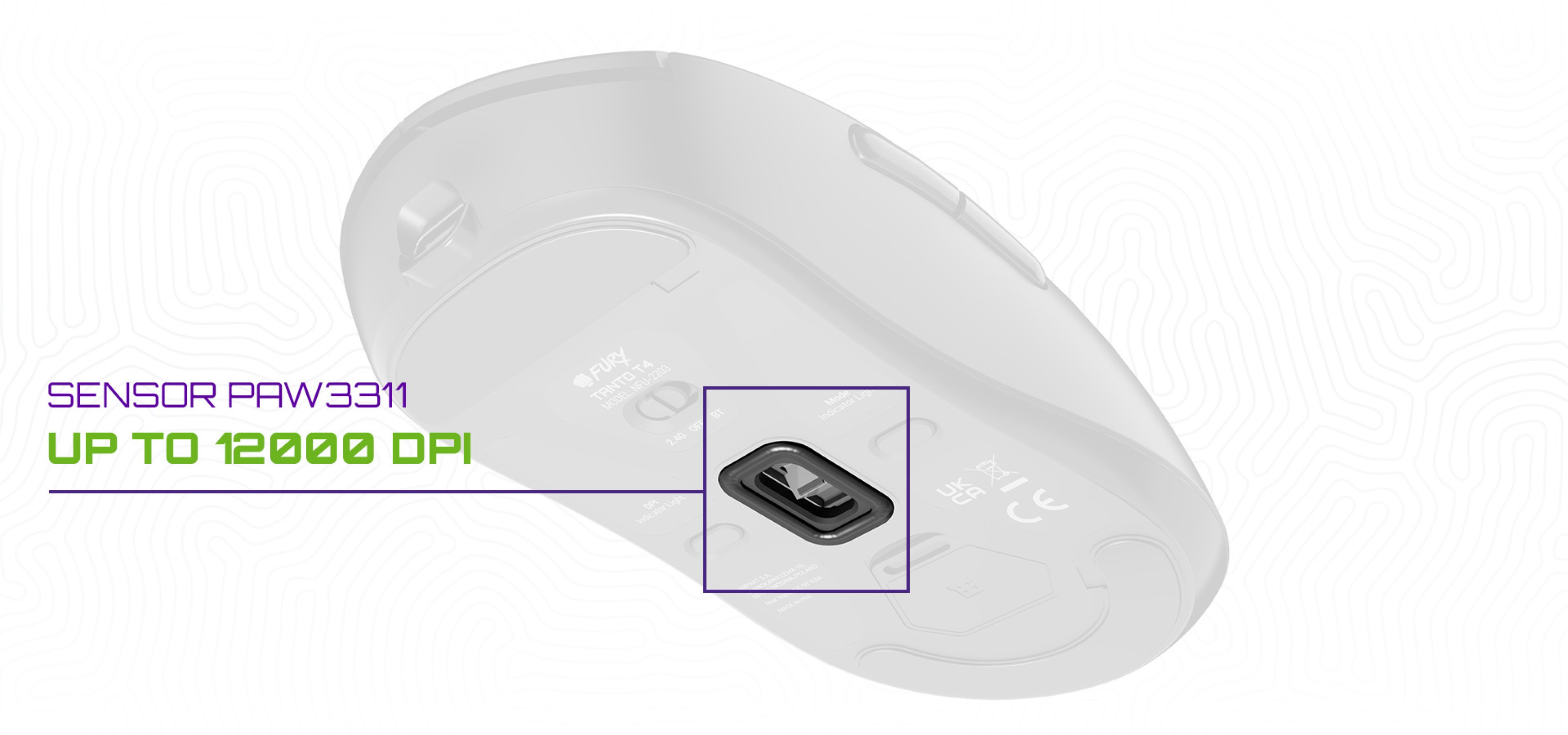 Wireless gaming mouse featuring a sensor capable of up to 12,000 DPI, showcasing the bottom view and adjustable settings