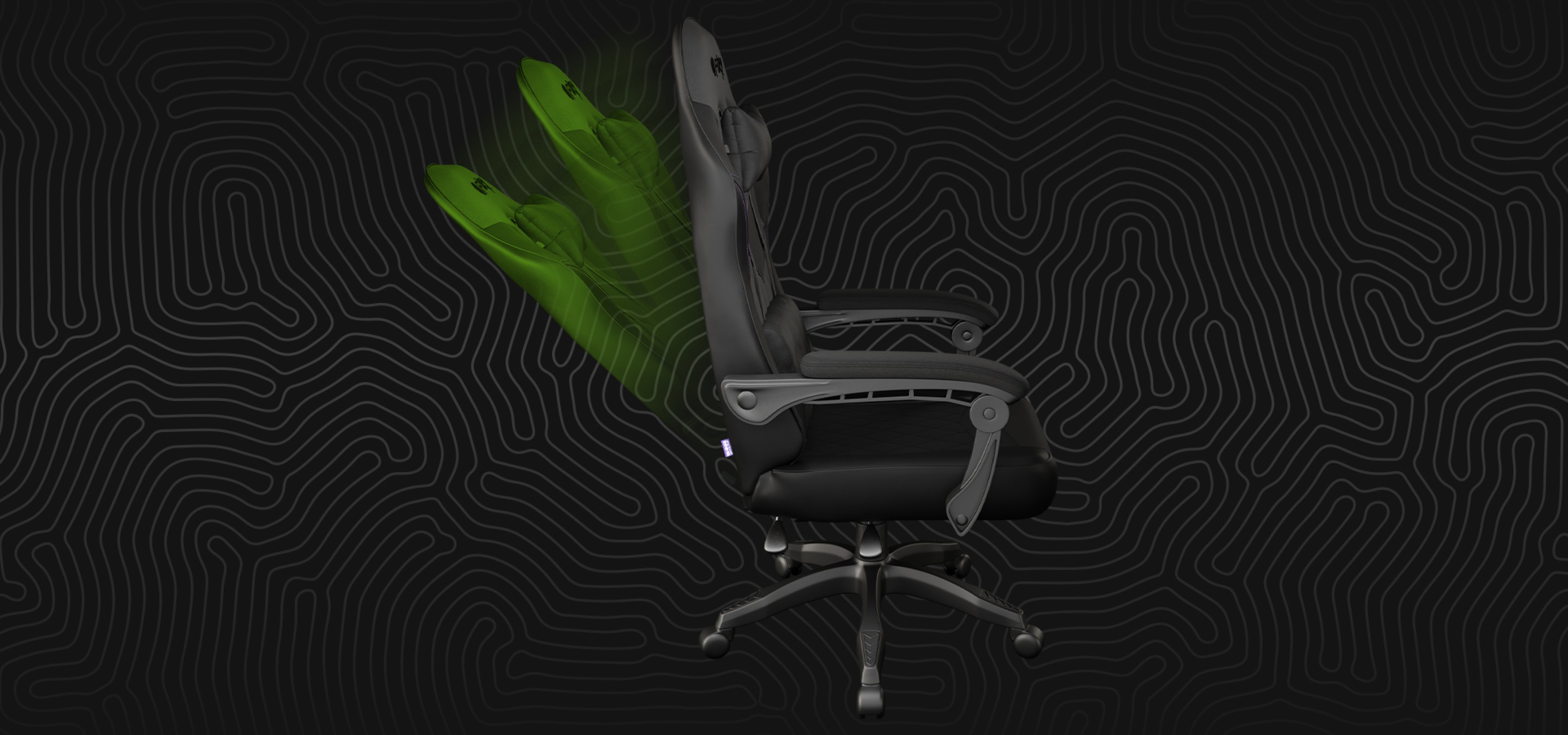 Black gaming chair with adjustable reclining backrest and ergonomic design