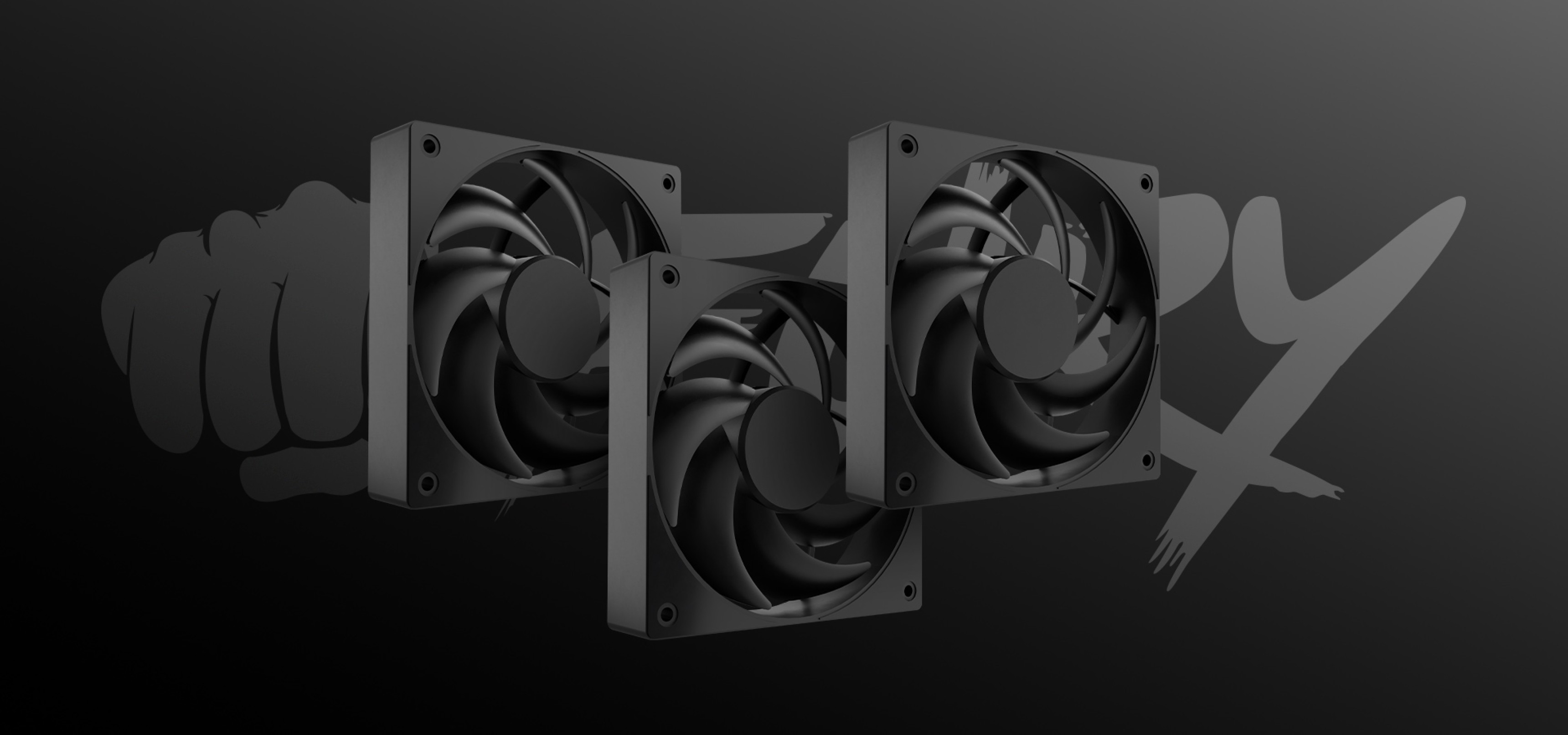 Three black cooling fans arranged in a group against a dark background.