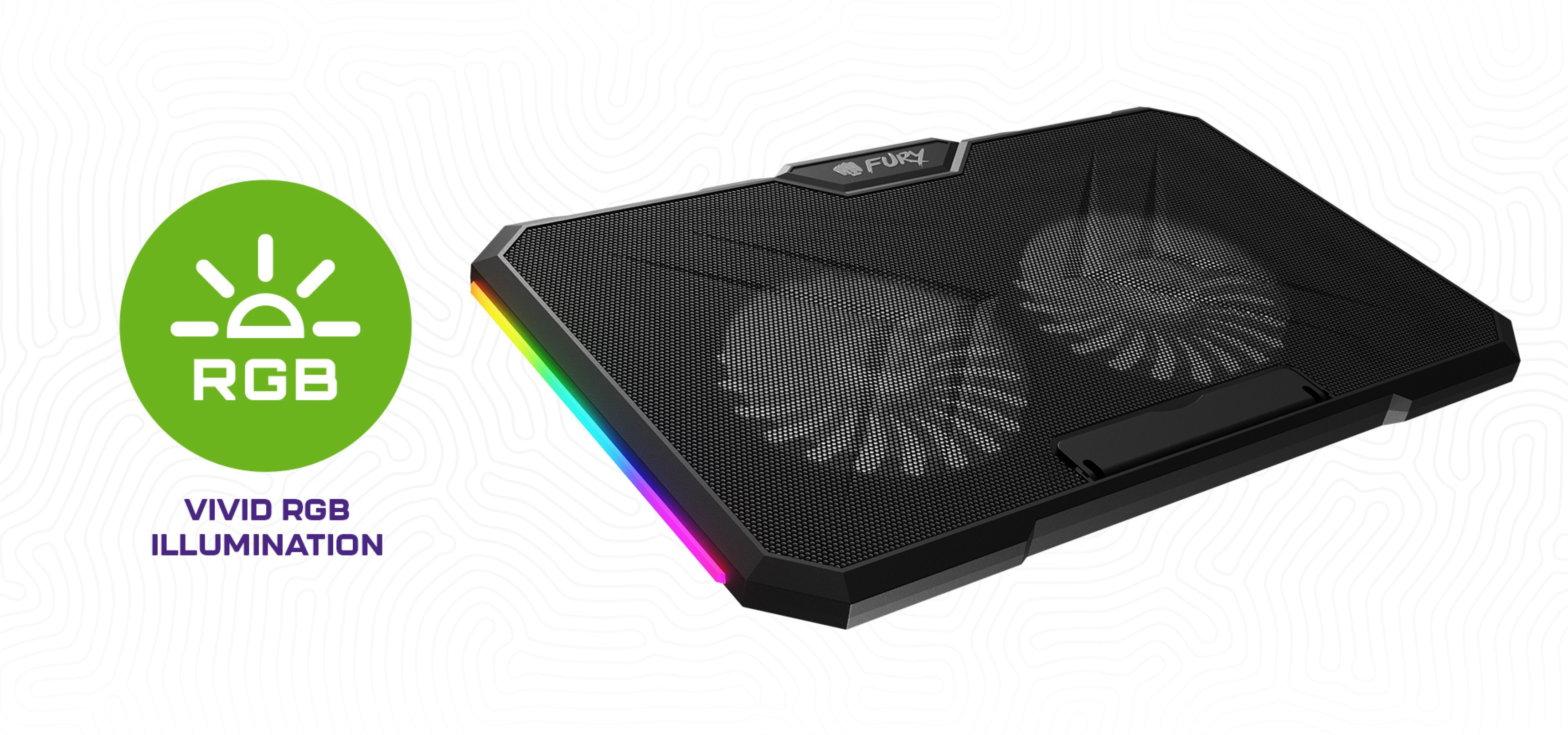 Cooling pad featuring dual fans and multi-colored lighting on one side.