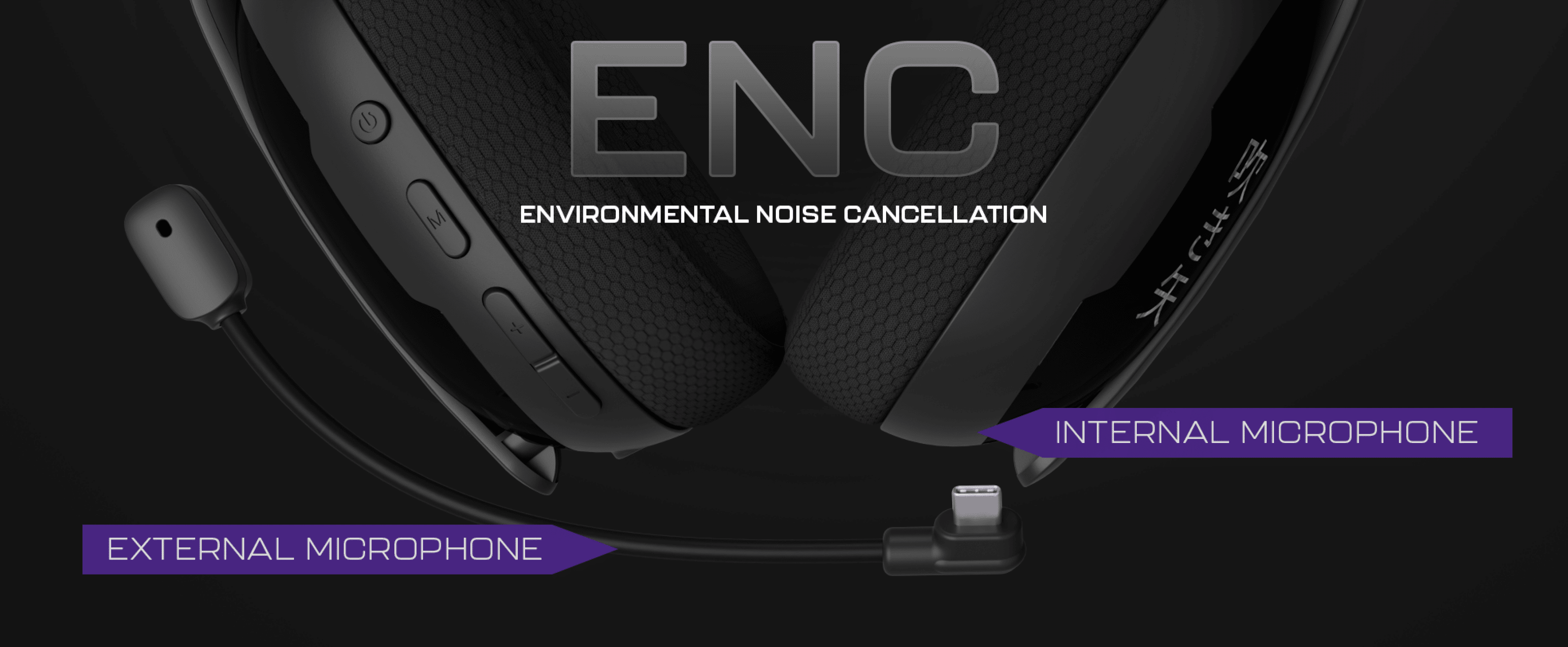 Headphones with a connection for an external microphone and an internal microphone feature.